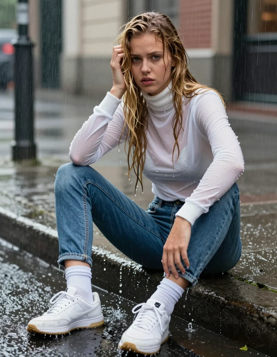 photo of young woman, in soaking wet, drenched clothes,
wet white sneakers and wet white angle socks, very wet and clingy blue denim jeans with black panties underneath, wet clingy white thin turtleneck sweater with long sleeves  , sitting on a sidewalk curb in the city with legs in the street gutter, 
enjoying, wet clothes stuck to body,
detailed textures of the wet clothes, wet face, wet plastered hair,
wet, drenched, professional, high-quality details, full body view.
sharp focus, ultra-high pixel detail, realistic, high-quality, full colors, incredibly detailed, 4k, 8k, 16k, hyper-realistic, RAW photo, masterpiece, ultra-detailed, professionally color graded, professional photograph, 18+ teen girl with long wet tangled blonde hair sitting in the pouring rain on a cloudy day.  Feet are in street and water pouring down the street splashing the shoes and jeans  Girl sitting on sidewalk with legs spread wide apart and hands on her legs looking directly into the camera, with a hopeless expression on her face. She drenched from the rain. wet skin, wet clothes, damp fabric,  The breasts and bra push out the sweater fabric but completely covers her breasts Her black panties leave an outline of panty lines on her wet white jeans, wet skin, wet clothes, damp fabric. blue jeans are dark blue from water and dripping water. White shoes are muddy. A lot of water is running the street and on the sidewalk soaking her butt and sneakers , raining very hard, wet skin, wet clothes, damp fabric