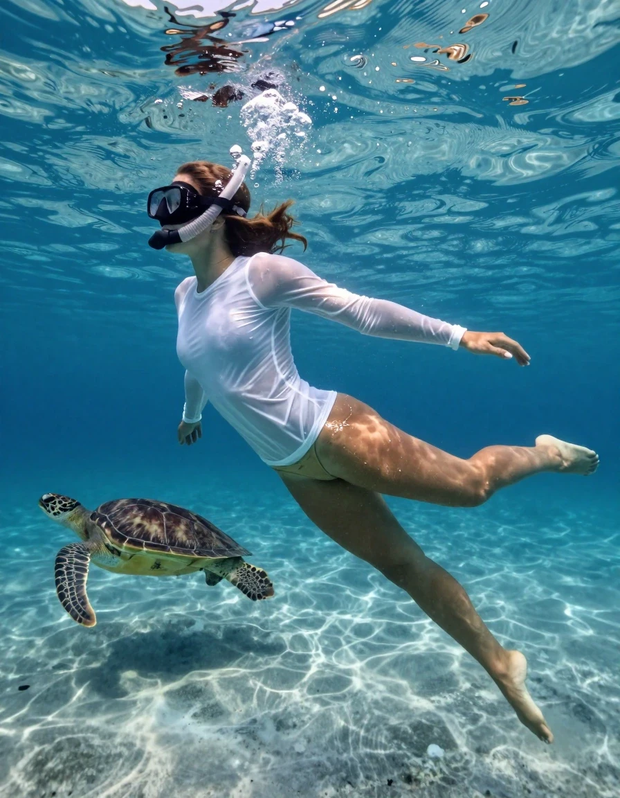 A photorealistic underwater shot of a young adult European woman swimming gracefully near the seafloor of the vast ocean. She is wearing a very tight, soaking-wet white long-sleeved shirt that is highly translucent and clingy, revealing her skin beneath, and a khaki-colored, wet, glossy old-style thong. Her skin and hair are visibly saturated with water, with the shirt showing heavy wet folds and clinging texture. She is equipped with a diving mask and snorkel, with a stream of air bubbles escaping from the snorkel and rising toward the surface. She is captured in a dynamic swimming pose, following a sea turtle gliding past her. Her feet are bare. The scene is illuminated by natural, shimmering underwater light filtering from above, casting caustic patterns on the seabed. High-detail, cinematic underwater photography, crystal clear water, no standing poses, horizontal orientation, realistic buoyancy and fluid motion.