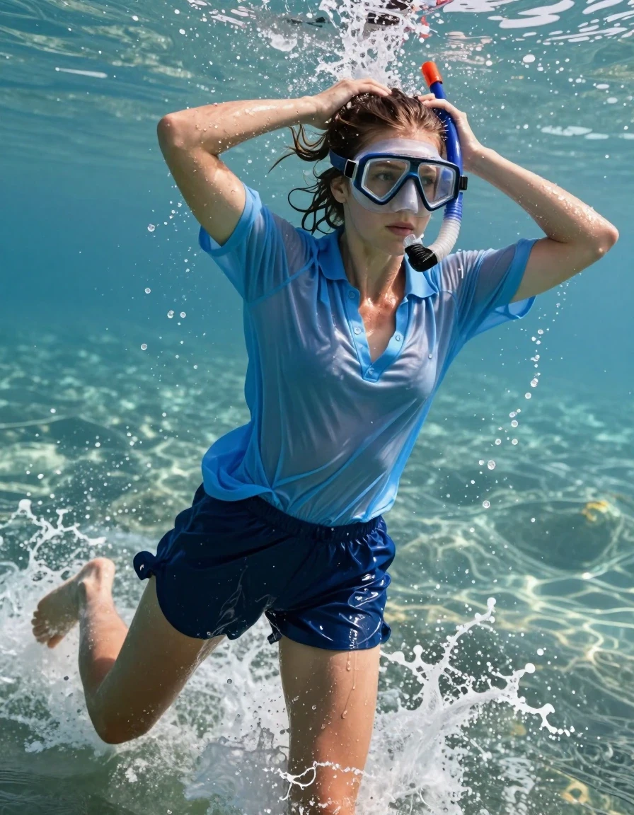 A photorealistic action shot of a young adult European woman with bare feet, surfacing from the ocean. She is wearing dark blue loose retro athletic shorts and a light blue loose polo shirt with a deep neckline, both garments are completely soaking-wet, clinging to her body, with deep saturated colors, heavy water-logged fabric folds, and strong glossy specular reflections on the wet textile. She is wearing a diving mask and snorkel, captured at the exact moment she breaks through the water surface, violently shaking her head to spray water from her wet hair, creating a dynamic halo of droplets. The background shows the underwater environment near the seabed transitioning into the bright, sun-drenched water surface. High-speed photography, sharp focus on the water droplets and skin texture, realistic wet skin sheen, cinematic lighting, 8k resolution, highly detailed water surface disturbance.