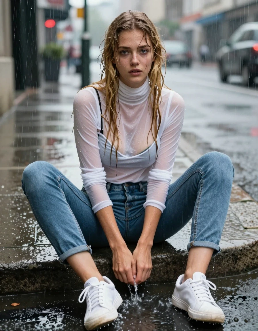 photo of young woman, in soaking wet, drenched clothes,
wet white sneakers and wet white angle socks, very wet and clingy blue denim jeans with black panties underneath, wet clingy white thin turtleneck sweater with long sleeves  , sitting on a sidewalk curb in the city with legs in the street gutter, 
enjoying, wet clothes stuck to body,
detailed textures of the wet clothes, wet face, wet plastered hair,
wet, drenched, professional, high-quality details, full body view.
sharp focus, ultra-high pixel detail, realistic, high-quality, full colors, incredibly detailed, 4k, 8k, 16k, hyper-realistic, RAW photo, masterpiece, ultra-detailed, professionally color graded, professional photograph, 18+ teen girl with long wet tangled blonde hair sitting in the pouring rain on a cloudy day.  Feet are in street and water pouring down the street splashing the shoes and jeans  Girl sitting on sidewalk with legs spread wide apart and hands on her legs looking directly into the camera, with a hopeless expression on her face. She drenched from the rain. wet skin, wet clothes, damp fabric,  The breasts and bra push out the sweater fabric but completely covers her breasts Her black panties leave an outline of panty lines on her wet white jeans, wet skin, wet clothes, damp fabric, wet skin, wet clothes, damp fabric