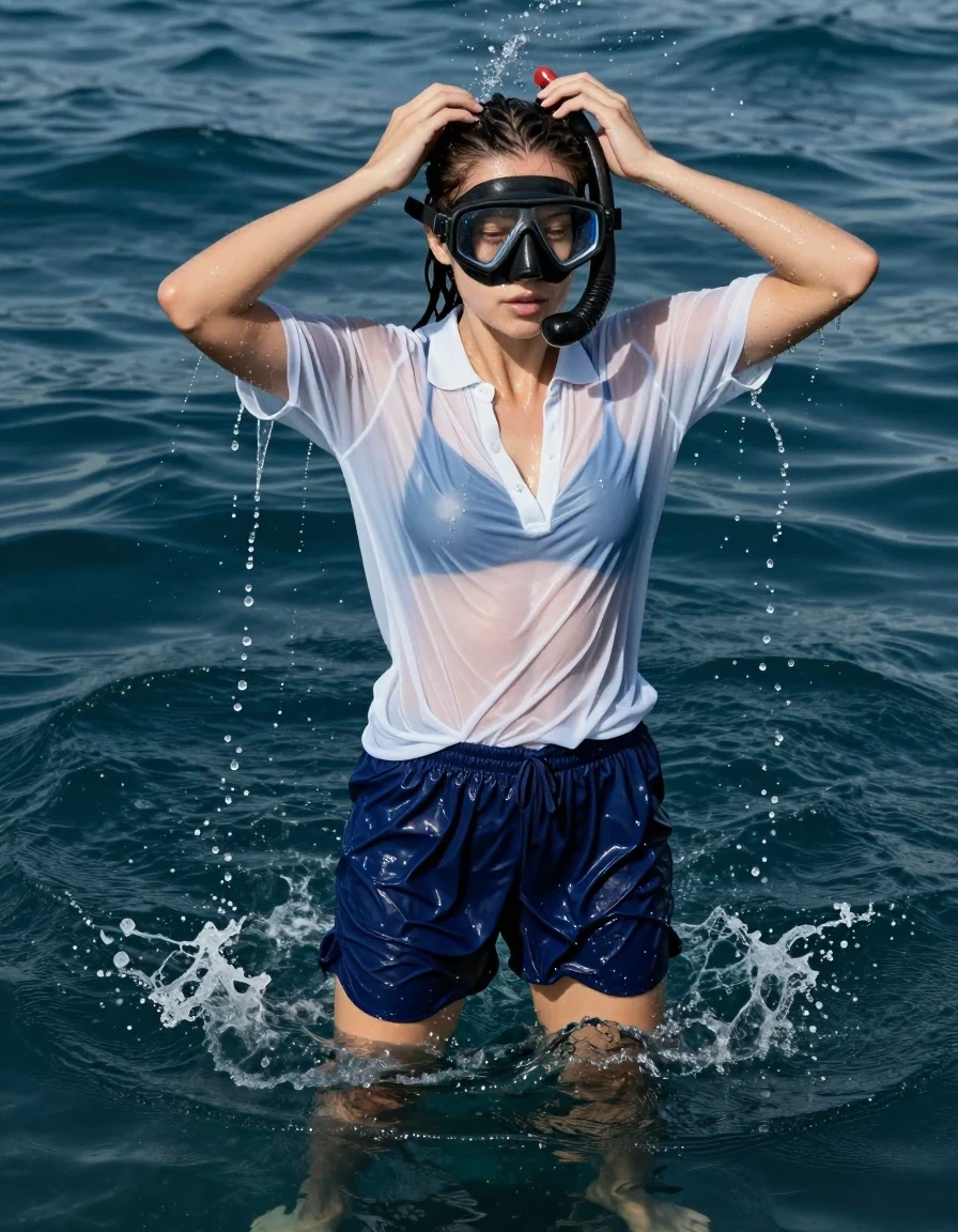 A photorealistic action shot of a young adult European woman with wet hair emerging from the ocean surface, breaking the water line. She is wearing a soaking-wet, translucent light blue loose polo shirt with a deep neckline, no bra underneath, the fabric clinging to her skin with heavy water-saturated folds and deep saturation. She wears dark blue loose retro athletic shorts, appearing heavy, dark, and drenched with visible water sheen and clinging fabric texture. She is barefoot, with droplets cascading from her skin and hair as she vigorously shakes her head to spray water. She wears a professional diving mask and snorkel. The background shows the deep, clear ocean water beneath her, transitioning into the bright surface light above. High-speed photography, sharp focus on water droplets and wet skin textures, cinematic lighting, realistic water refraction, hyper-detailed wet fabric physics.