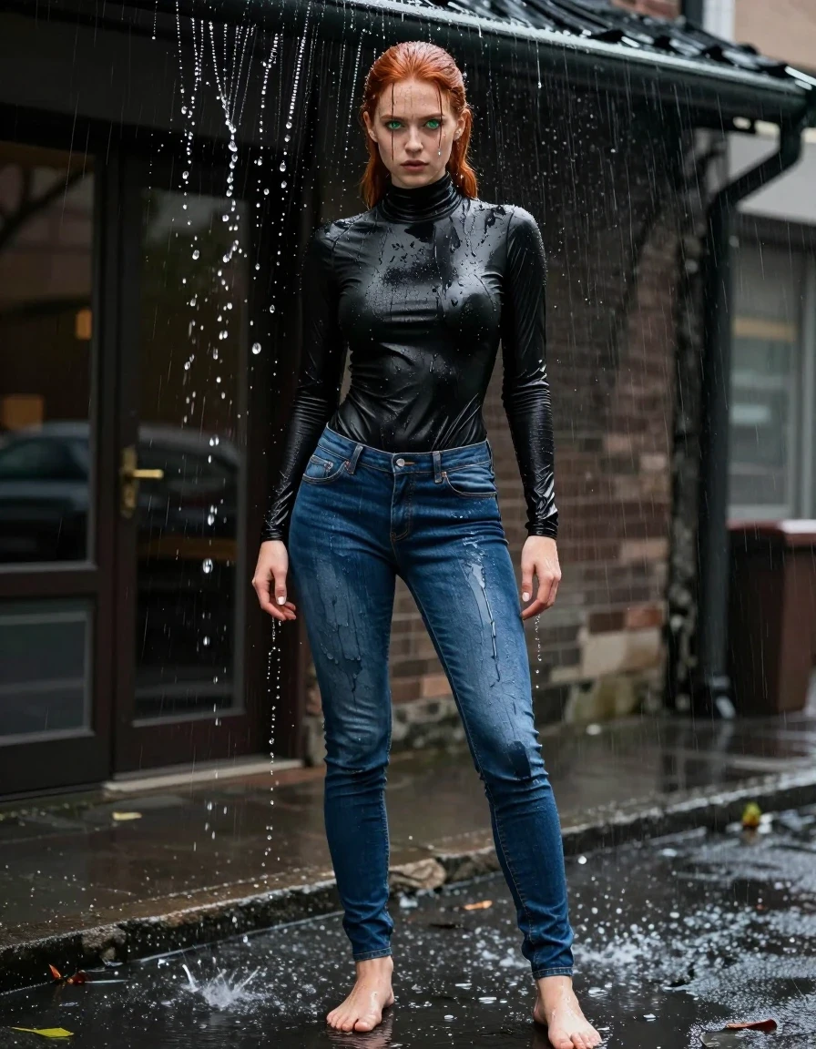 A hyper-realistic full-body photograph of a young European woman with reddish hair tied in a sleek ponytail and striking green eyes, standing in a city street. She is positioned directly beneath a broken, leaking rain gutter, with water cascading over her head and face, creating a heavy, soaking-wet effect. Her face features slightly smudged makeup that streaks down her cheeks. She is wearing a very tight, form-fitting black matte turtleneck sweater with long sleeves, completely saturated with water, clinging to her skin, and displaying deep, dark wet patches and heavy fabric weight. She wears skin-tight blue jeans that are soaking-wet blue denim, water-saturated heavyweight denim, blue changed to deep navy and indigo, substantially darker unevenly soaked patches, absorbed water, heavy wet folds, visible weave and stitching, and strong glossy specular reflections on the raised weave, seams, and creases. She is barefoot, with water pooling around her feet on the wet asphalt. The lighting is moody and cinematic, emphasizing the glistening, reflective wet surfaces of her skin, hair, and clothing. High-resolution, sharp focus, 8k, detailed textures, droplets splashing, realistic wet look.