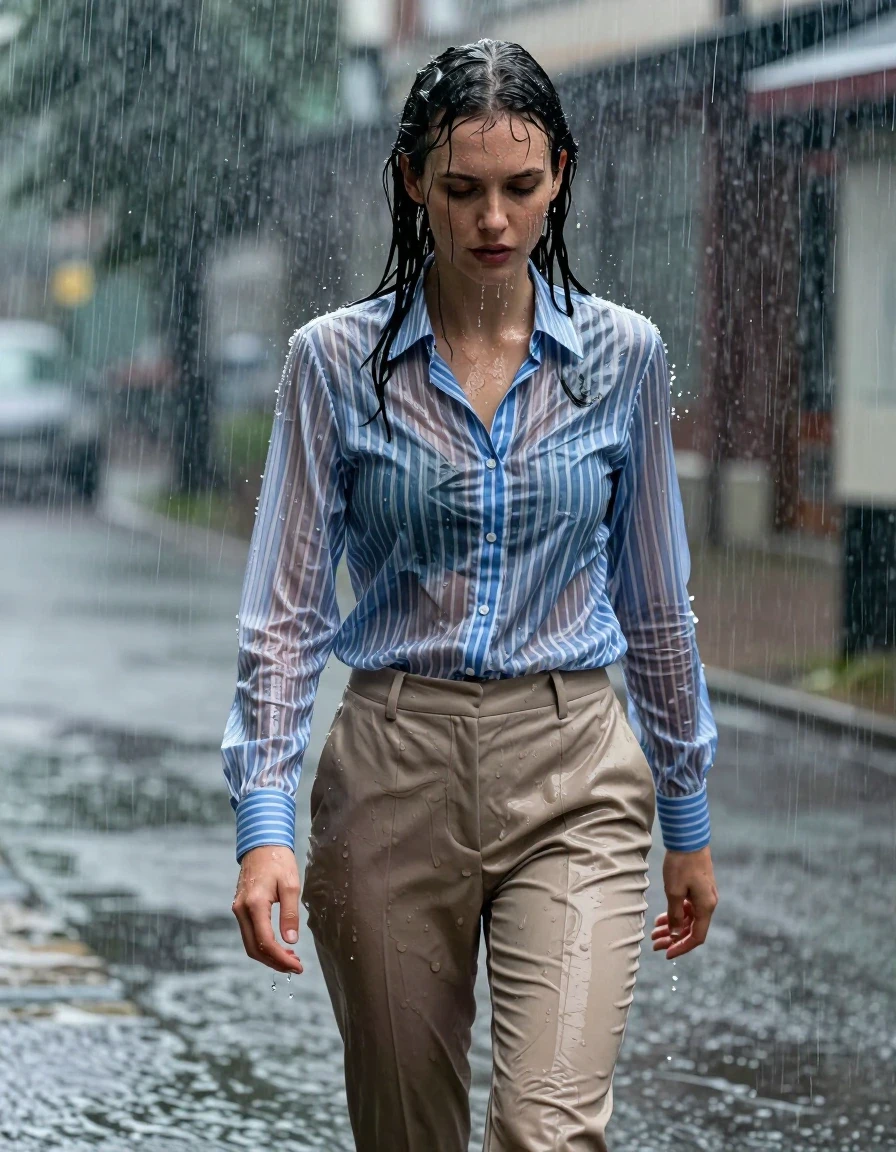 A photorealistic full-body shot of a young adult European woman standing outdoors caught in a heavy torrential downpour. She is wearing a blue and white striped business shirt that is completely drenched, soaked, and clinging to her skin, with the fabric darkened and semi-transparent from water saturation. She wears beige business trousers that are heavy with water, clinging to her legs, with deep, dark, saturated patches and heavy wet folds created by the rain. Her hair is plastered to her head and shoulders, dripping with water, and her skin has a realistic, wet, glistening sheen with visible rivulets of rainwater running down her face and arms. The atmosphere is gloomy and rainy with a blurred urban environment in the background. The lighting is natural, overcast, and cool, highlighting the water droplets, the glossy specular reflections on the wet fabric, and the texture of the soaked materials. High-detail photography, 8k resolution, sharp focus on the wet fabric textures and skin, cinematic lighting.