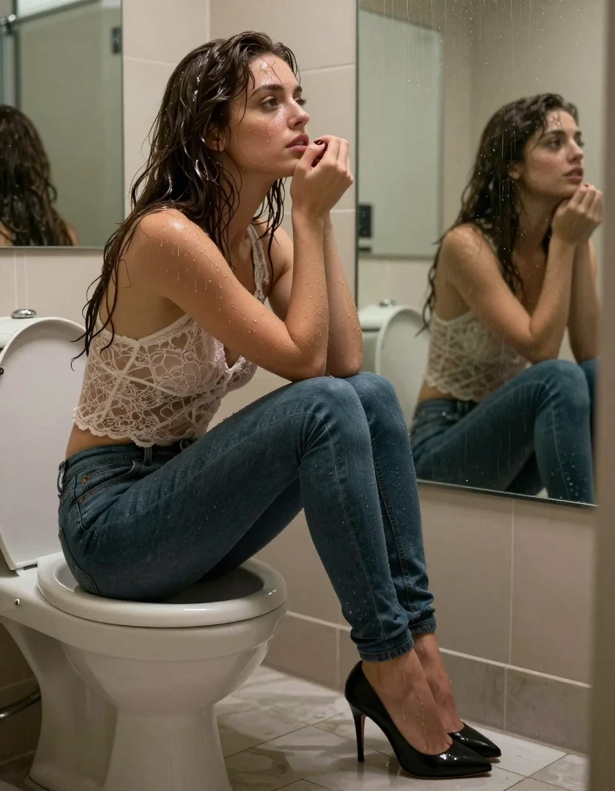 photo of young woman, in soaking wet, drenched clothes,
heels, Jeans tights , Lace  top, Romantic place with a woman, 
enjoying, wet clothes stuck to body,
detailed textures of the wet clothes, wet face, wet plastered hair,
wet, drenched, professional, high-quality details, full body view.
sharp focus, ultra-high pixel detail, realistic, high-quality, full colors, incredibly detailed, 4k, 8k, 16k, hyper-realistic, RAW photo, masterpiece, ultra-detailed, professionally color graded, professional photograph, Enjoying sitting on toilet time by looking herself at huge mirror, wet skin, wet clothes, damp fabric