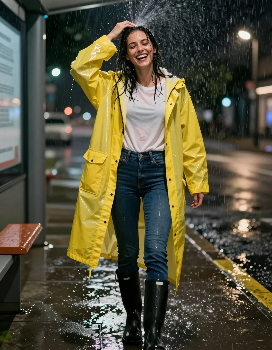 photo of young woman, in soaking wet, drenched clothes,
black rubber knee-high rain boots, fitted dark indigo denim jeans soaked and clinging to skin, oversized bright yellow translucent plastic raincoat worn over a white cotton t-shirt, dimly lit city bus stop at night under flickering streetlights, 
enjoying, wet clothes stuck to body,
detailed textures of the wet clothes, wet face, wet plastered hair,
wet, drenched, professional, high-quality details, full body view.
sharp focus, ultra-high pixel detail, realistic, high-quality, full colors, incredibly detailed, 4k, 8k, 16k, hyper-realistic, RAW photo, masterpiece, ultra-detailed, professionally color graded, professional photograph, woman laughing while shaking rainwater off her hair, heavy rain streaks visible in dark background, flash photography capturing high-gloss reflections on raincoat surface, medium full shot, photorealistic lifestyle photography, rich natural color, balanced bright exposure, moderate contrast, softly lifted shadows., wet skin, wet clothes, damp fabric