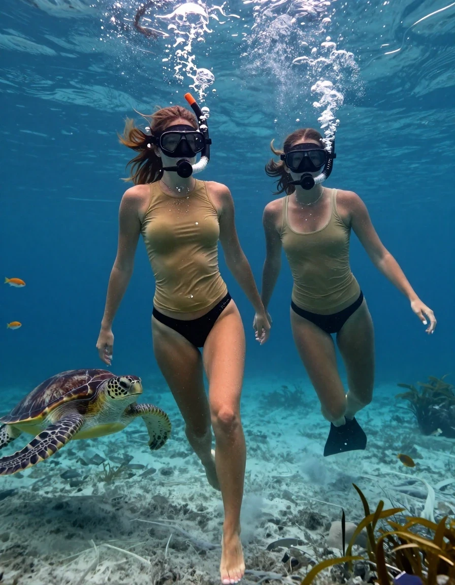 Cinematic underwater photography of two young adult European women free-diving near the ocean floor, both wearing snorkeling masks and snorkels with streams of air bubbles rising from the mouthpieces. The first woman is barefoot, wearing a very tight, soaking-wet, translucent khaki-colored shirt with no bra underneath, clinging to her skin, and a black wet glossy thong; she is swimming after a sea turtle passing by. The second woman accompanies her, wearing a wet tank top and a black wet glossy thong. Both women exhibit wet skin and hair, with water sheen and natural underwater body positioning. The environment is rich with aquatic detail, including small fish swimming around them, swaying water plants on the sandy ocean floor, and shafts of sunlight filtering through the deep blue water. High-resolution, photorealistic, sharp focus on textures, hyper-detailed skin and fabric, vibrant underwater lighting, 8k, professional cinematography.