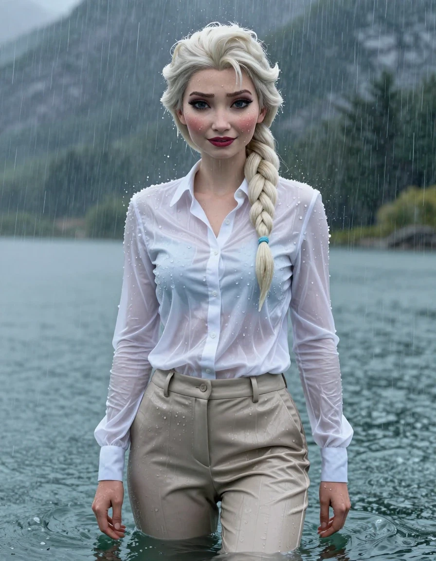 A hyper-realistic full-body portrait of Disney Elsa from Frozen, appearing as a young adult European woman with a long layered cut and side-parted hair, standing in a mountain lake with heavy rain. She is fully submerged up to her breasts in deep water, wearing a white long-sleeve button-down shirt and beige business suit trousers. Her entire outfit is completely soaked, drenched, and saturated with water, with the fabric clinging tightly to her body and becoming translucent where wet. The white shirt displays deep moisture patches and texture, while the beige trousers are heavy with water, showing wet folds, clinging fabric, and dark, saturated tones. Elsa has a sexy expression with open eyes, looking directly at the viewer while being showered by a heavy rainstorm. Wet skin with water droplets and a glossy sheen, wet hair strands plastered to her head and shoulders, damp clothing with realistic weight and folds, atmospheric rain, moody mountain lake environment, cinematic lighting, 4k high resolution, hyper-detailed wet textures, sharp focus, photographic masterpiece.