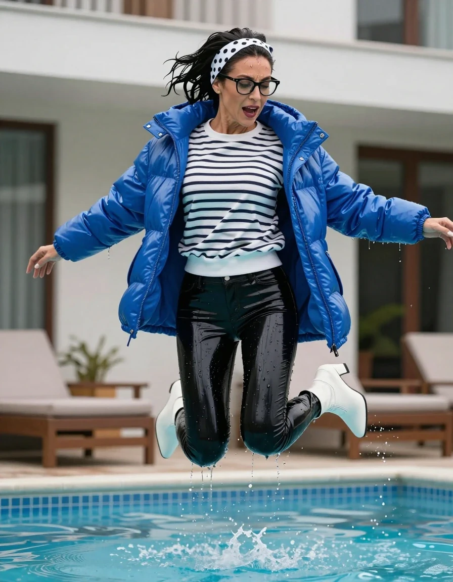 photo of young woman, in soaking wet, drenched clothes,
high-heeled white boots, shiny black llatex jeans , Shiny white & black striped sweatertop with long sleeves, maxi dări blue Shiny down jacket ,  Jumping in pool, 
enjoying, wet clothes stuck to body,
detailed textures of the wet clothes, wet face, wet plastered hair,
wet, drenched, professional, high-quality details, full body view.
sharp focus, ultra-high pixel detail, realistic, high-quality, full colors, incredibly detailed, 4k, 8k, 16k, hyper-realistic, RAW photo, masterpiece, ultra-detailed, professionally color graded, professional photograph, european brunette skinny woman 50 years old, long dark black hair, office glasses, white polka-dot headband, very big and thick lips, complete body, wet skin, wet clothes, damp fabric, wet skin, wet clothes, damp fabric, wet skin, wet clothes, damp fabric, wet skin, wet clothes, damp fabric, wet skin, wet clothes, damp fabric, wet skin, wet clothes, damp fabric, wet skin, wet clothes, damp fabric, wet skin, wet clothes, damp fabric, wet skin, wet clothes, damp fabric
