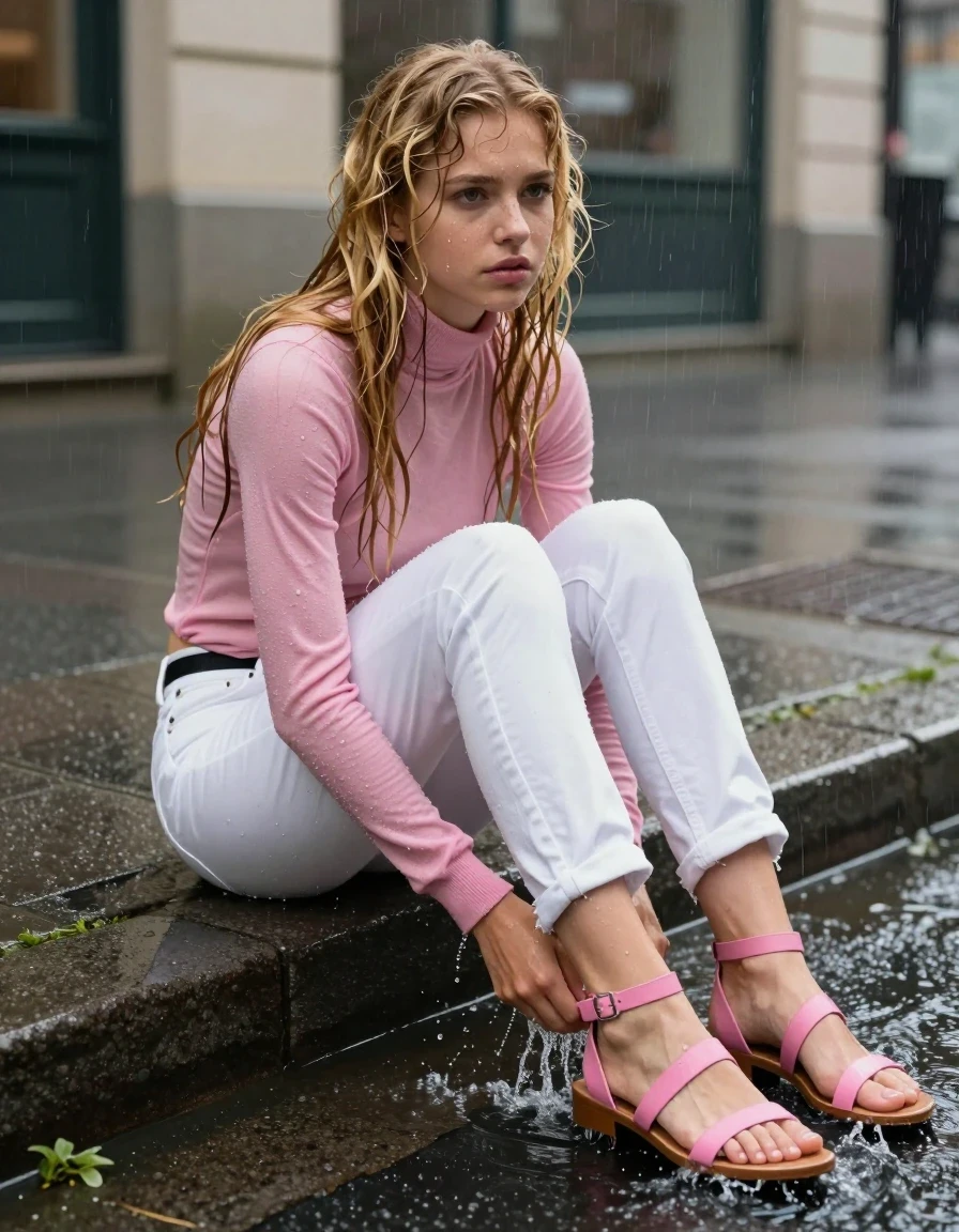 photo of young woman, in soaking wet, drenched clothes,
wet pink leather strappy sandels, very wet and clingy white denim jeans with black panties underneath, wet clingy pink thin turtleneck sweater with long sleeves , sitting on a sidewalk curb in the city with legs in the street gutter, 
enjoying, wet clothes stuck to body,
detailed textures of the wet clothes, wet face, wet plastered hair,
wet, drenched, professional, high-quality details, full body view.
sharp focus, ultra-high pixel detail, realistic, high-quality, full colors, incredibly detailed, 4k, 8k, 16k, hyper-realistic, RAW photo, masterpiece, ultra-detailed, professionally color graded, professional photograph, 18+ teen girl with long wet tangled blonde hair sitting in the pouring rain on a cloudy day. Feet are in street and water pouring down the street splashing the shoes and jeans  Girl sitting on sidewalk with legs spread apart and hands on her legs  She drenched from the rain.  She looking straight ahead looking hopeless, wet skin, wet clothes, damp fabric