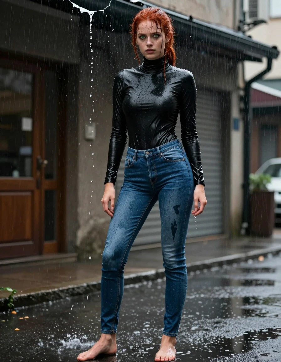 A hyper-realistic full-body shot of a young adult European woman with vibrant reddish hair tied in a sleek ponytail and piercing green eyes, standing in an urban street under a broken, leaking rain gutter. She is drenched, with water cascading over her head and face, creating rivulets that run down her skin and clothes. Her makeup is slightly smudged from the downpour. She is wearing a very tight, figure-hugging black matte turtleneck sweater with long sleeves, which is completely soaked, clinging to her skin, showing heavy wet textures and deep shadows in the fabric folds. She wears tight, skin-fit blue jeans that are soaking-wet blue denim, water-saturated heavyweight denim, blue changed to deep navy and indigo, substantially darker unevenly soaked patches, absorbed water, heavy wet folds, visible weave and stitching, and strong glossy specular reflections on the raised weave, seams, and creases. She is barefoot, standing on the wet asphalt. The atmosphere is moody and cinematic, with natural overcast lighting highlighting the water droplets and the glistening sheen on her skin and clothing. The scene is captured with a high-detail 85mm lens, sharp focus on the subject, authentic textures, and realistic water physics.