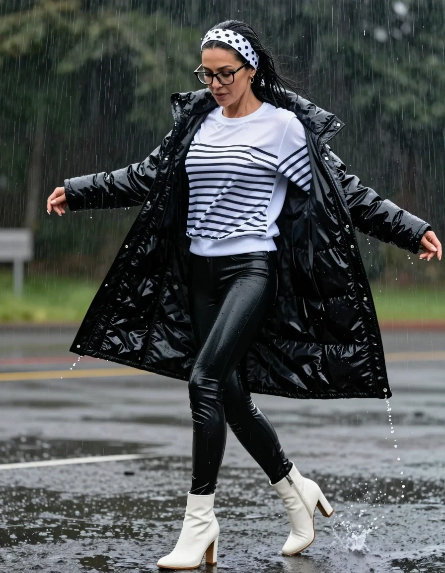 photo of young woman, in soaking wet, drenched clothes,
high-heeled white boots, shiny black llatex jeans , Shiny white & black striped sweatertop with long sleeves, maxi black Shiny down jacket ,  Dancing in the rain after swim, 
enjoying, wet clothes stuck to body,
detailed textures of the wet clothes, wet face, wet plastered hair,
wet, drenched, professional, high-quality details, full body view.
sharp focus, ultra-high pixel detail, realistic, high-quality, full colors, incredibly detailed, 4k, 8k, 16k, hyper-realistic, RAW photo, masterpiece, ultra-detailed, professionally color graded, professional photograph, european brunette skinny woman 50 years old, long dark black hair, office glasses, white polka-dot headband, very big and thick lips, complete body, wet skin, wet clothes, damp fabric, wet skin, wet clothes, damp fabric, wet skin, wet clothes, damp fabric, wet skin, wet clothes, damp fabric, wet skin, wet clothes, damp fabric, wet skin, wet clothes, damp fabric, wet skin, wet clothes, damp fabric, wet skin, wet clothes, damp fabric, wet skin, wet clothes, damp fabric