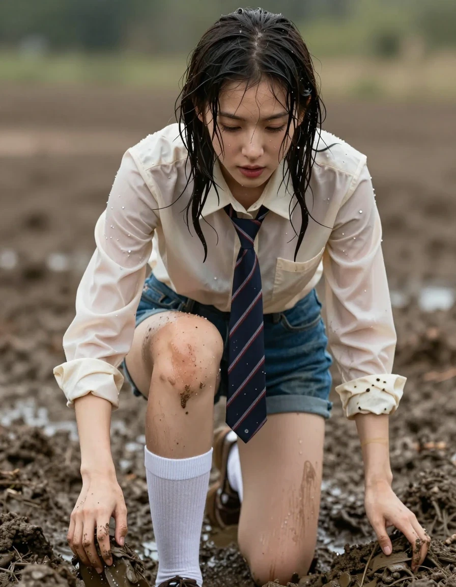 photo of young woman, in soaking wet, drenched clothes,
White Knee Socks, Blue jean shorts, Cream long sleeve school shirt, Mud pit, 
enjoying, wet clothes stuck to body,
detailed textures of the wet clothes, wet face, wet plastered hair,
wet, drenched, professional, high-quality details, full body view.
sharp focus, ultra-high pixel detail, realistic, high-quality, full colors, incredibly detailed, 4k, 8k, 16k, hyper-realistic, RAW photo, masterpiece, ultra-detailed, professionally color graded, professional photograph, striped tie, covered in mud, wet skin, wet clothes, damp fabric