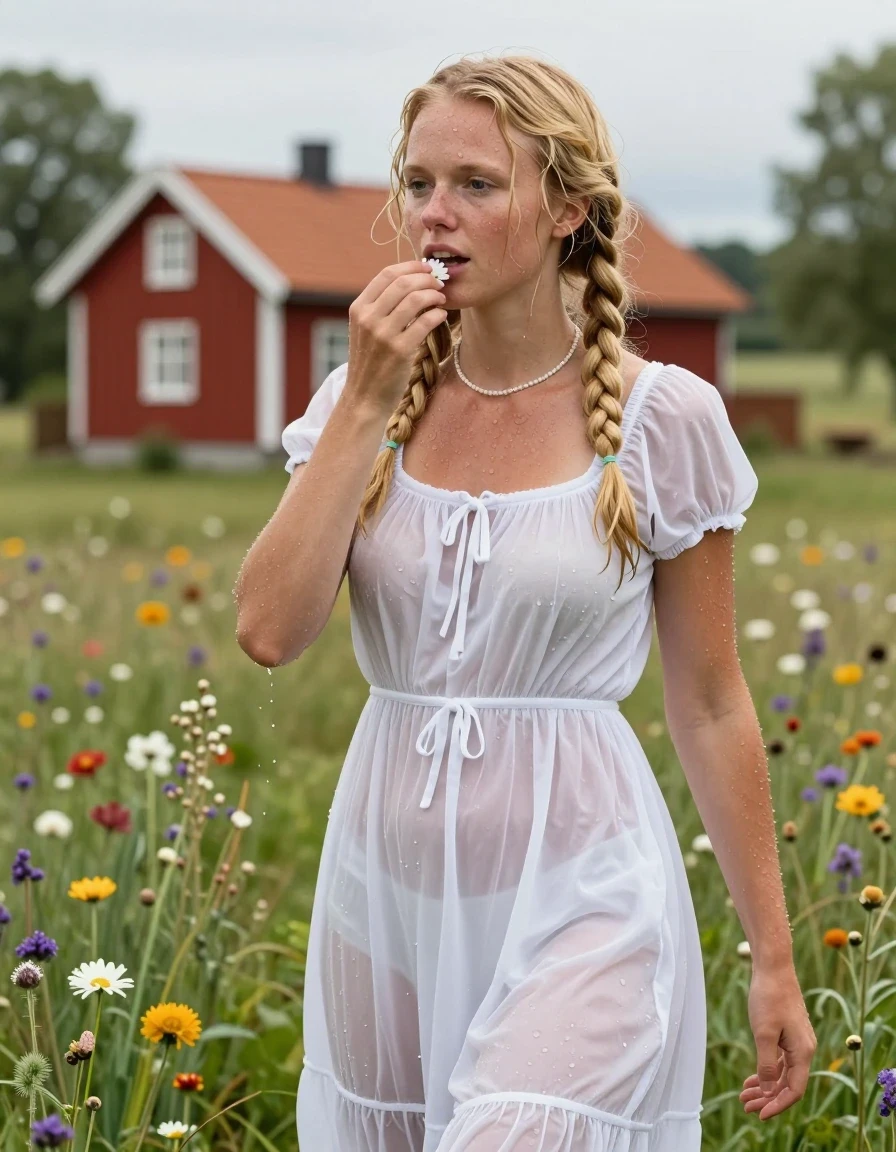 photo of young woman, in soaking wet, drenched clothes,
barfuss, , Leichtes Midi schwedisches Baumwollkleid , Tiefer Teich auf einer grünen Blumenwiese in Schweden, im Hintergrund steht ein rotes Schwedenhaus, 
enjoying, wet clothes stuck to body,
detailed textures of the wet clothes, wet face, wet plastered hair,
wet, drenched, professional, high-quality details, full body view.
sharp focus, ultra-high pixel detail, realistic, high-quality, full colors, incredibly detailed, 4k, 8k, 16k, hyper-realistic, RAW photo, masterpiece, ultra-detailed, professionally color graded, professional photograph, Fotorealistische Vollansicht eines jungen 18-jährigen schwedischen Mädchens, sie ist sehr klein und zierlich, sie trägt eine weiße Halskette, sie hat ihr hüftlanges hellblondes Haar zu 2 Zöpfe gebunden, im Haar trägt sie Blumen, im Gesicht hat sie Sommersprossen, sie trägt ein weißes knielanges Baumwollkleid, das Kleid ist etwas transparent, das Mädchen hat mittelgroße flache Brüste, ihre Brüste werden durch den nassen dünnen Stoff ihres Kleides sichtbar, sie trägt keinen BH, ihr Kleid ist völlig durchnässt und klebt an ihrem Körper,, wet skin, wet clothes, damp fabric, wet skin, wet clothes, damp fabric