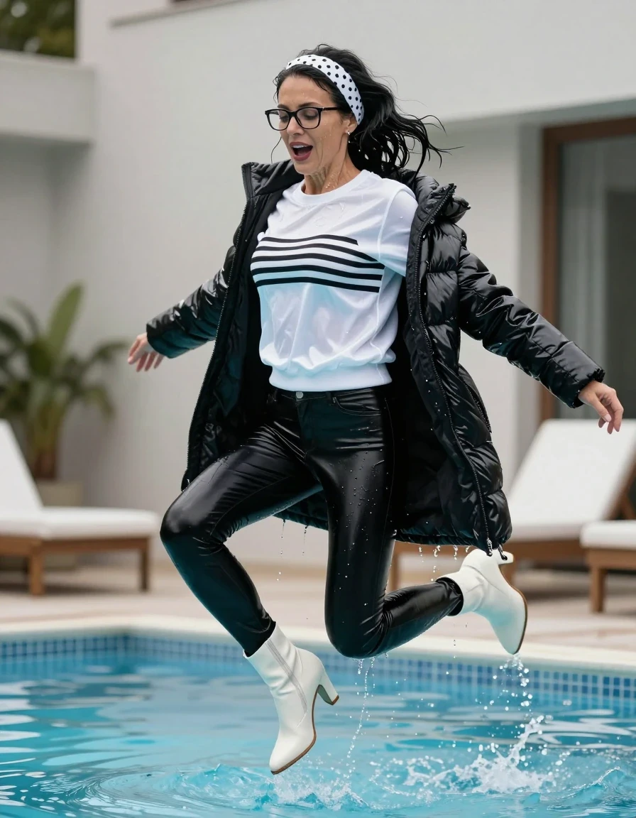 photo of young woman, in soaking wet, drenched clothes,
high-heeled white boots, shiny black llatex jeans , Shiny white & black striped sweatertop with long sleeves, maxi black Shiny down jacket ,  Jumping in pool, 
enjoying, wet clothes stuck to body,
detailed textures of the wet clothes, wet face, wet plastered hair,
wet, drenched, professional, high-quality details, full body view.
sharp focus, ultra-high pixel detail, realistic, high-quality, full colors, incredibly detailed, 4k, 8k, 16k, hyper-realistic, RAW photo, masterpiece, ultra-detailed, professionally color graded, professional photograph, european brunette skinny woman 50 years old, long dark black hair, office glasses, white polka-dot headband, very big and thick lips, complete body, wet skin, wet clothes, damp fabric, wet skin, wet clothes, damp fabric, wet skin, wet clothes, damp fabric, wet skin, wet clothes, damp fabric, wet skin, wet clothes, damp fabric, wet skin, wet clothes, damp fabric, wet skin, wet clothes, damp fabric, wet skin, wet clothes, damp fabric, wet skin, wet clothes, damp fabric