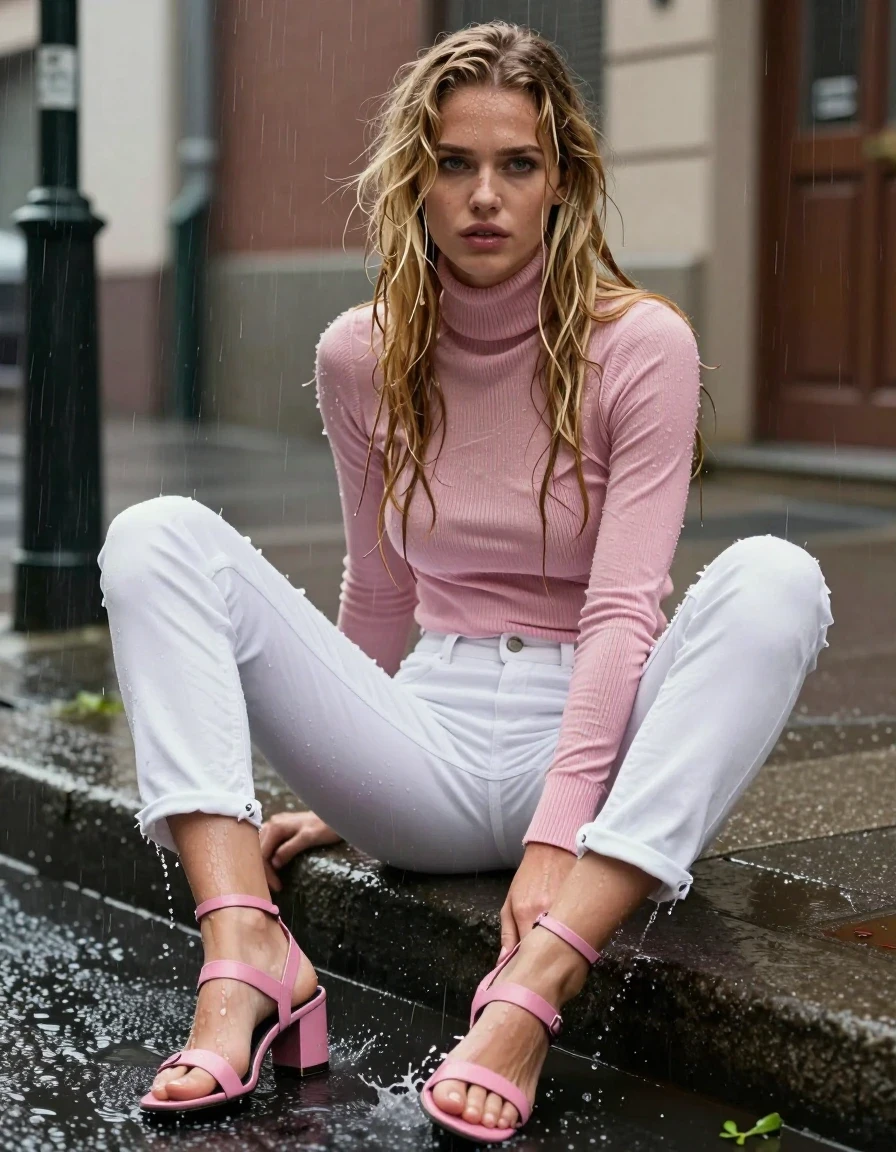 photo of young woman, in soaking wet, drenched clothes,
wet pink leather strappy sandels, very wet and clingy white denim jeans with black panties underneath, wet clingy pink thin turtleneck sweater with long sleeves  , sitting on a sidewalk curb in the city with legs in the street gutter, 
enjoying, wet clothes stuck to body,
detailed textures of the wet clothes, wet face, wet plastered hair,
wet, drenched, professional, high-quality details, full body view.
sharp focus, ultra-high pixel detail, realistic, high-quality, full colors, incredibly detailed, 4k, 8k, 16k, hyper-realistic, RAW photo, masterpiece, ultra-detailed, professionally color graded, professional photograph, 18+ teen girl with long wet tangled blonde hair sitting in the pouring rain on a cloudy day.  Feet are in street and water pouring down the street splashing the shoes and jeans  Girl sitting on sidewalk with legs spread wide apart and hands on her legs looking directly into the camera, with a hopeless expression on her face. She drenched from the rain. wet skin, wet clothes, damp fabric,  The breasts and bra push out the sweater fabric but completely covers her breasts, wet skin, wet clothes, damp fabric