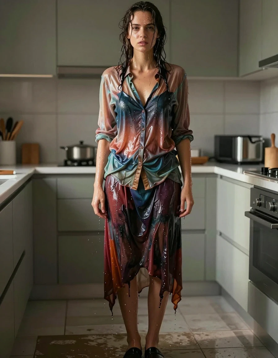 A photorealistic medium shot of a young adult European woman standing in a sunlit modern kitchen, her skin and hair glistening with water, drenched from head to toe. She is wearing a casual shirt and a long skirt, both fabrics completely soaked, clinging tightly to her body, heavy with water, showing deep saturated colors, realistic folds, and dark patches where the material is water-logged. The fabric texture is visibly damp with a subtle sheen. She is wearing shoes that are also wet and dark from saturation. The kitchen environment features polished countertops and cabinets with soft ambient light reflecting off the wet surfaces of her clothes and skin. High-detail photographic quality, 8k, sharp focus on the wet fabric textures, realistic water saturation, natural lighting, cinematic composition.