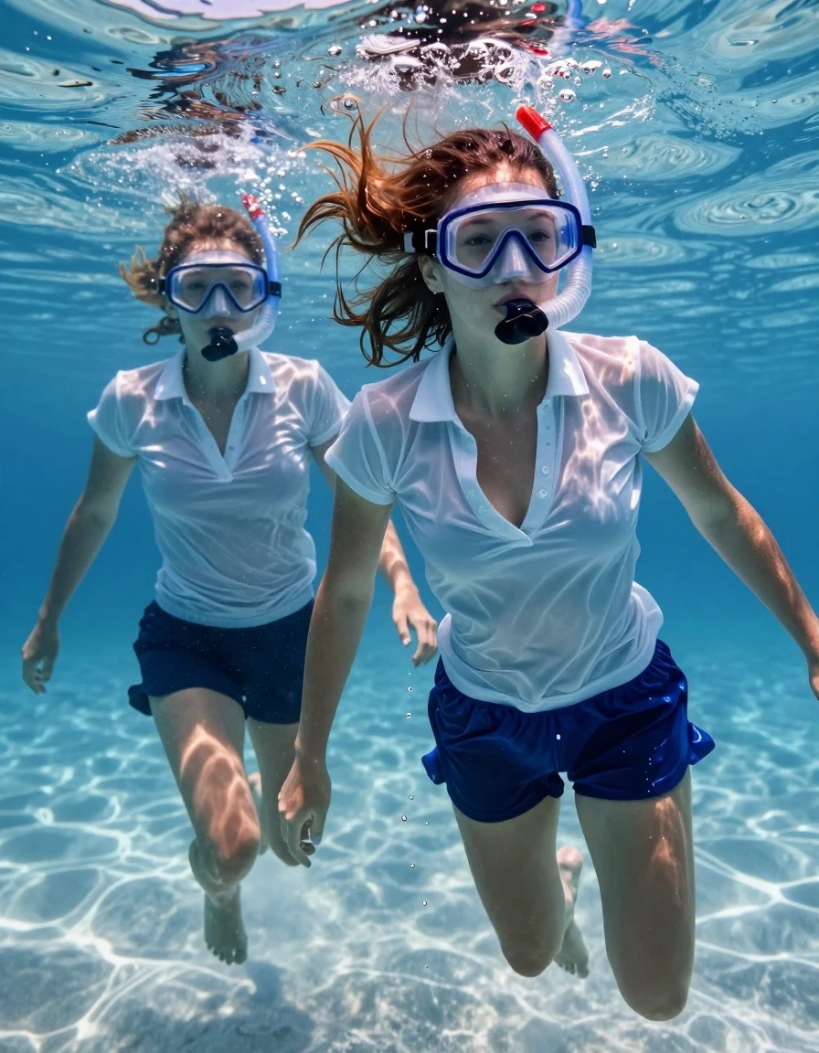 Hyper-realistic cinematic underwater shot of two young adult European women, barefoot, wearing diving masks and snorkels, swimming upwards from the sandy ocean floor toward the surface. The woman in the foreground wears a soaking-wet, loose, light blue polo shirt with a deep neckline, no bra underneath, the fabric clinging tightly to her skin, translucent and dark-saturated with water, showing heavy wet folds and a distinct texture. She also wears loose, dark blue retro-style athletic shorts, completely soaked, with deep navy saturation, visible water-heavy fabric folds, and a glossy wet sheen. Air bubbles stream from their snorkels as they break through the water surface. The camera performs a rapid zoom to an above-water close-up of the woman's head as she vigorously shakes her wet, dripping hair, sending droplets flying. Sunlight pierces through the surface, creating caustic light patterns on their skin and clothing. Highly detailed, 8k, photorealistic, wet skin texture, water-drenched hair, realistic light refraction, sharp focus on the splashing water.