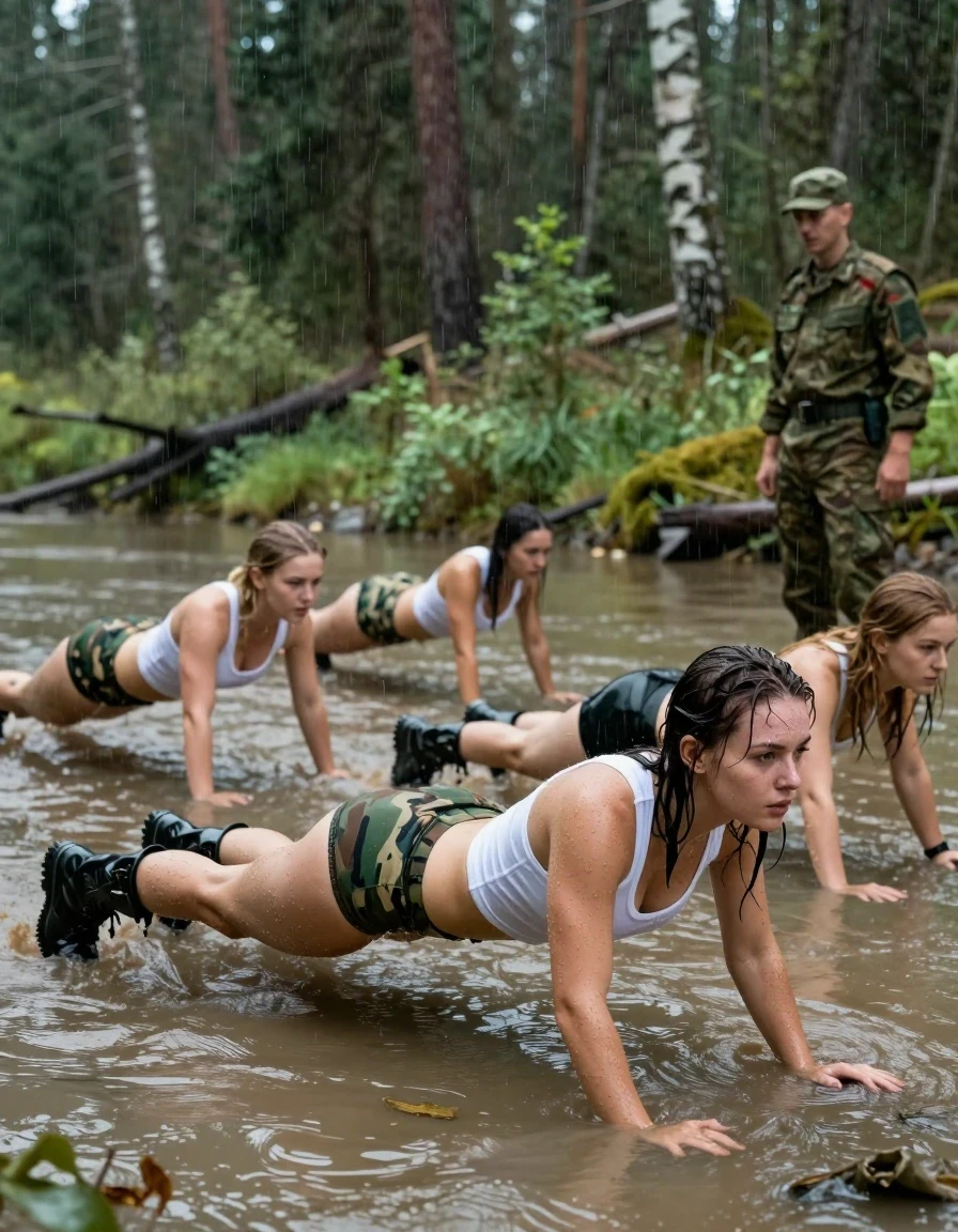 photo of young woman, in soaking wet, drenched clothes,
military boots, Camouflage panties, thin white tanktop, no bra, a shallow muddy river. deep forest in the background, 
enjoying, wet clothes stuck to body,
detailed textures of the wet clothes, wet face, wet plastered hair,
wet, drenched, professional, high-quality details, full body view.
sharp focus, ultra-high pixel detail, realistic, high-quality, full colors, incredibly detailed, 4k, 8k, 16k, hyper-realistic, RAW photo, masterpiece, ultra-detailed, professionally color graded, professional photograph, In the image, there are five 25 year old nordic women. and a male Drill sergant. All woman are wearing camouflage military panties, no boots, and thin white tank tops—without bras. They are relaxing after a military-style workout. Show a photo of them doing push-ups in the river. The drill sergeant stands near and looks at them. It is pouring rain. The women’s clothing is completely muddy and water soaked through and clinging to their bodies. Since they are not wearing bras, their nipples are visible through the fabric. Their hair is soaking wet, wet skin, wet clothes, damp fabric