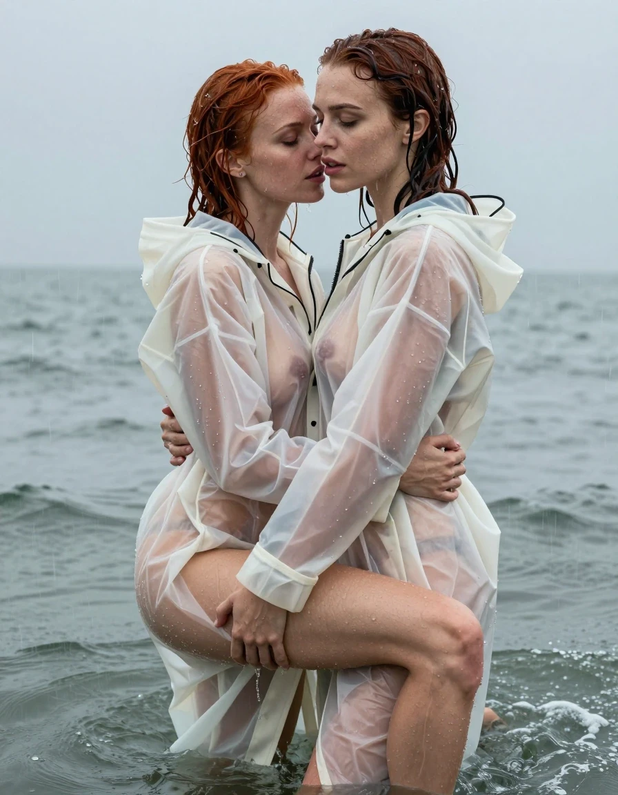 photo of young woman, in soaking wet, drenched clothes,
No underwear , Soaking wet oversized transparent latex white raincoat , In the sea under a shower , 
enjoying, wet clothes stuck to body,
detailed textures of the wet clothes, wet face, wet plastered hair,
wet, drenched, professional, high-quality details, full body view.
sharp focus, ultra-high pixel detail, realistic, high-quality, full colors, incredibly detailed, 4k, 8k, 16k, hyper-realistic, RAW photo, masterpiece, ultra-detailed, professionally color graded, professional photograph, A beautiful 20-year-old woman is wrapped her legs around her girlfriend's body in a romantic embrace.  Her red hair is soaking wet with water. Her rainjacket is soaking wet and clinging to her body. Her friend is nude, wet skin, wet clothes, damp fabric, wet skin, wet clothes, damp fabric