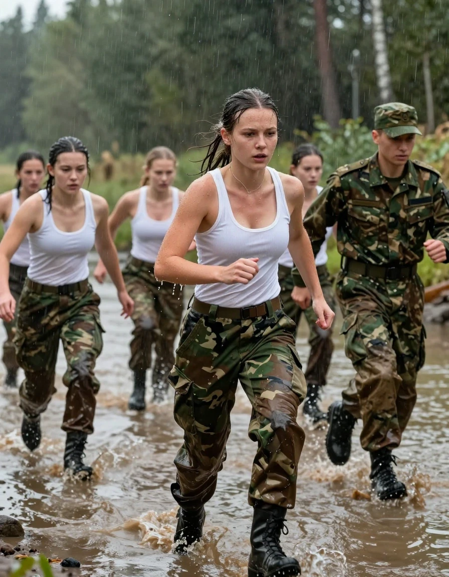 photo of young woman, in soaking wet, drenched clothes,
military boots, Camouflage military trousers, thin white tanktop, no bra, a shallow muddy river. deep forest in the background, 
enjoying, wet clothes stuck to body,
detailed textures of the wet clothes, wet face, wet plastered hair,
wet, drenched, professional, high-quality details, full body view.
sharp focus, ultra-high pixel detail, realistic, high-quality, full colors, incredibly detailed, 4k, 8k, 16k, hyper-realistic, RAW photo, masterpiece, ultra-detailed, professionally color graded, professional photograph, In the image, there are five 25 year old nordic women. and a male Drill sergant. All woman are wearing camouflage military trousers, military boots, and thin white tank tops—without bras. They are performing a military-style workout. Show a photo when they do a long run through the shallow river. The drill sergeant jogs ahead. The 5 women follow him. It is pouring rain. The women’s clothing is completely muddy and water soaked through and clinging to their bodies. Since they are not wearing bras, their nipples are visible through the ribbed fabric. Their hair is soaking wet; water drips from their hair and clothing onto the ground., wet skin, wet clothes, damp fabric