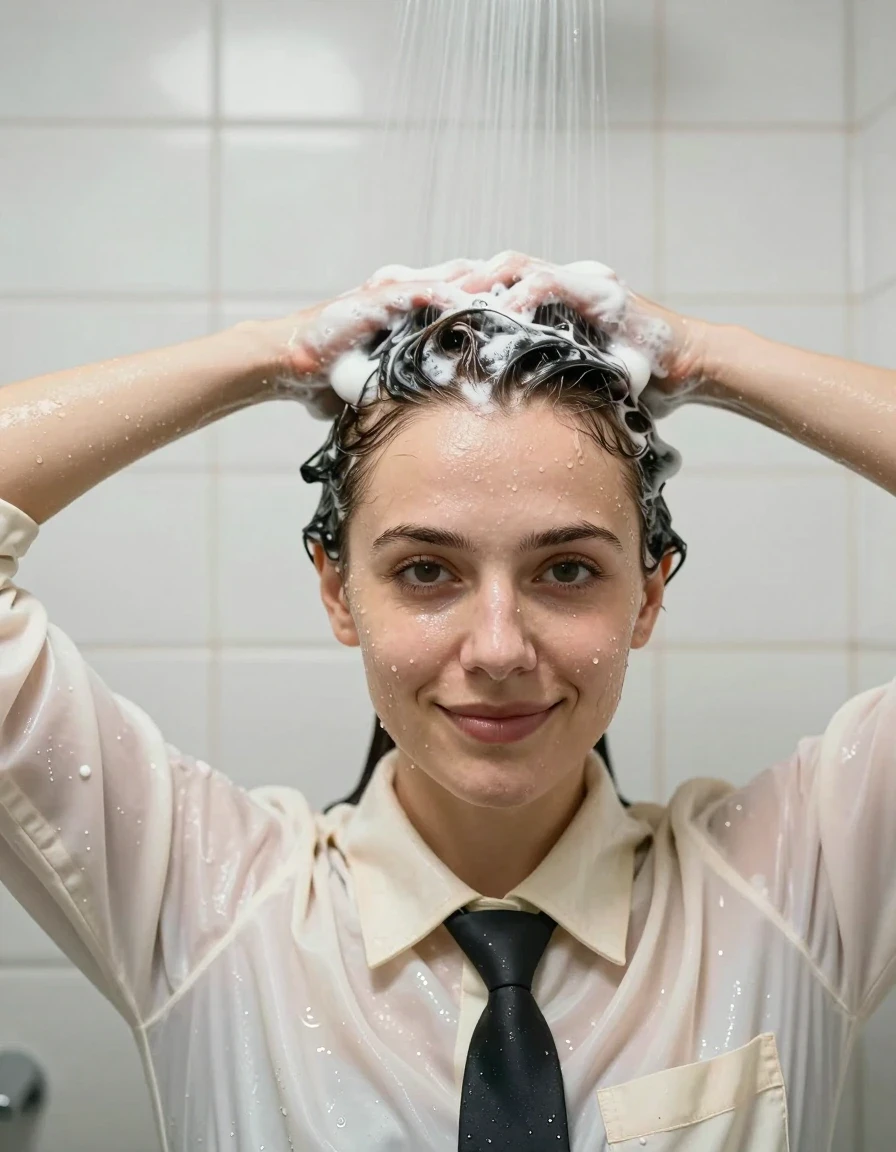 photo of young woman, in soaking wet, drenched clothes,
Smart cream long sleeve uniform shirt and tie, under a gentle shower stream having her hair washed by the viewer. background is a white tiled wall of a shower stall., 
enjoying, wet clothes stuck to body,
detailed textures of the wet clothes, wet face, wet plastered hair,
wet, drenched, professional, high-quality details, full body view.
sharp focus, ultra-high pixel detail, realistic, high-quality, full colors, incredibly detailed, 4k, 8k, 16k, hyper-realistic, RAW photo, masterpiece, ultra-detailed, professionally color graded, professional photograph, extremely close-up headshot portrait style photo zoomed in so much that  only her head, which fills 3/4 of the frame, and the tops of her bare shoulders are visible. Subject is a late 30s woman who is having her chestnut hair washed by the viewer. The viewer’s masculine arms reach in straight from the behind the camera into the foreground and are massaging the shampoo into the top of the woman’s drenched and lathered hair. She faces the viewer directly with her arms fully down to her sides, not visible in the frame. Her head is tilted back ever so slightly with a contented smile., wet skin, wet clothes, damp fabric, wet skin, wet clothes, damp fabric