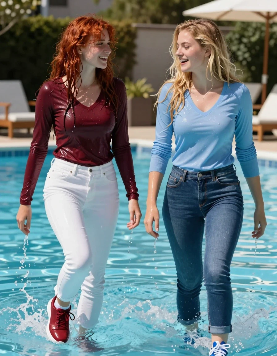 photo of young woman, in soaking wet, drenched clothes,
sneakers and white socks, very wet skintight jeans shiny with water glistening off of them, very wet tight shiny thin long sleeve sweater vee neck, swimming in a pool on a sunny day, 
enjoying, wet clothes stuck to body,
detailed textures of the wet clothes, wet face, wet plastered hair,
wet, drenched, professional, high-quality details, full body view.
sharp focus, ultra-high pixel detail, realistic, high-quality, full colors, incredibly detailed, 4k, 8k, 16k, hyper-realistic, RAW photo, masterpiece, ultra-detailed, professionally color graded, professional photograph, two college teens are standing next to each other  in a pool. The water is up to their thighs,  splashing water on each other. They are soaking wet. They talking and laughing. One girl has long wet tangled red hair, red sneakers, white denim jeans, wet skin tight shiny maroon sweater and average breasts.  all fabric is wet. The other girl has long blonde wet tangled hair, blue sneakers, blue denim jeans, a light blue wet skin tight shiny sweater and large breasts. all fabric is wet.  Their hair, clothes and bodies are completely soaked from the water and skin tight. Water is dripping off of them  wet skin, wet clothes, damp fabric. The blonde girl is not wearing a bra., wet skin, wet clothes, damp fabric