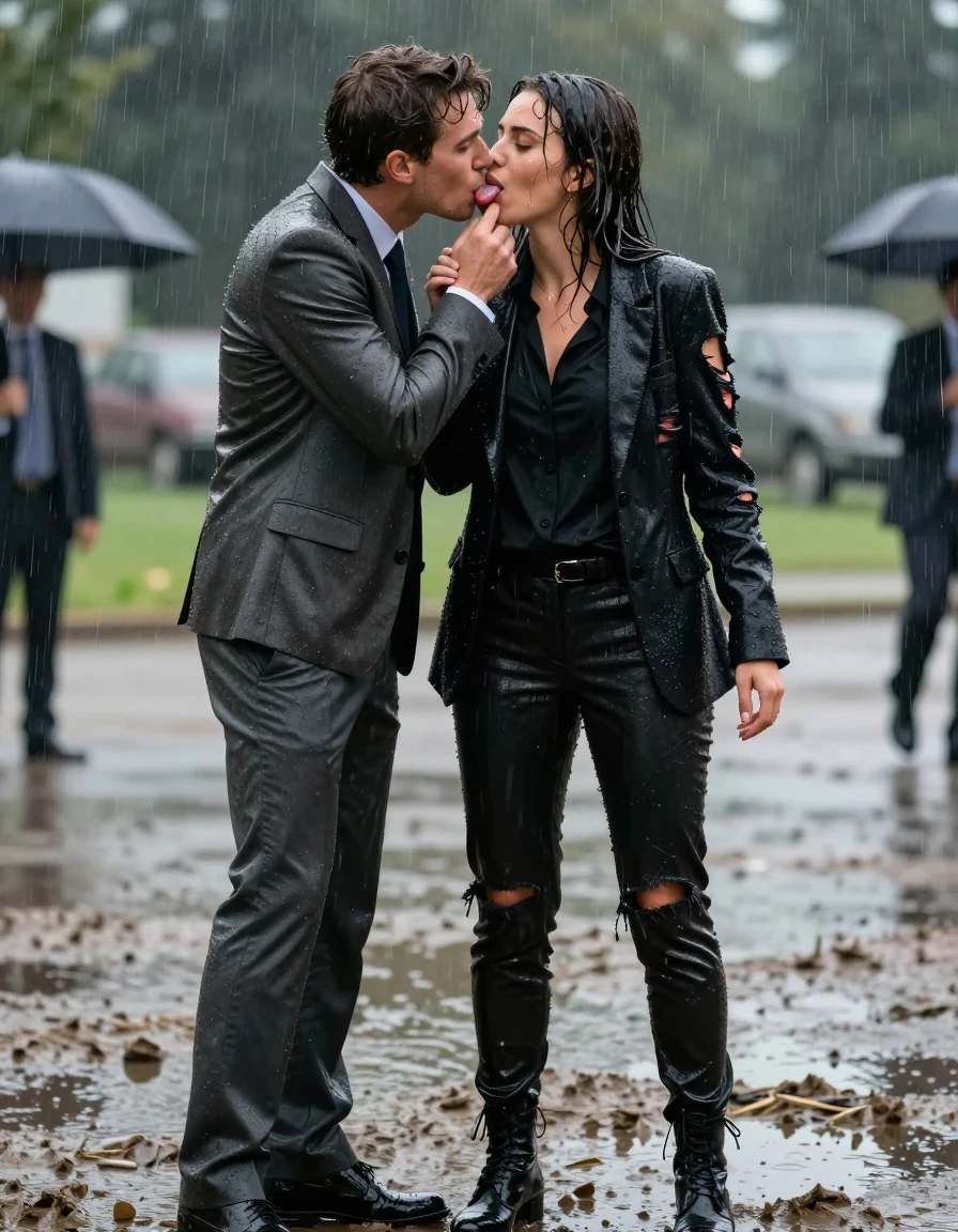 photo of young woman, in soaking wet, drenched clothes,
Shoes, Ripped office trousers , Ripped unbuttoned office black shirt and ripped jacket, Newsreporter under heavy rain and mud, 
enjoying, wet clothes stuck to body,
detailed textures of the wet clothes, wet face, wet plastered hair,
wet, drenched, professional, high-quality details, full body view.
sharp focus, ultra-high pixel detail, realistic, high-quality, full colors, incredibly detailed, 4k, 8k, 16k, hyper-realistic, RAW photo, masterpiece, ultra-detailed, professionally color graded, professional photograph, Kissing guys with tongue, wet skin, wet clothes, damp fabric