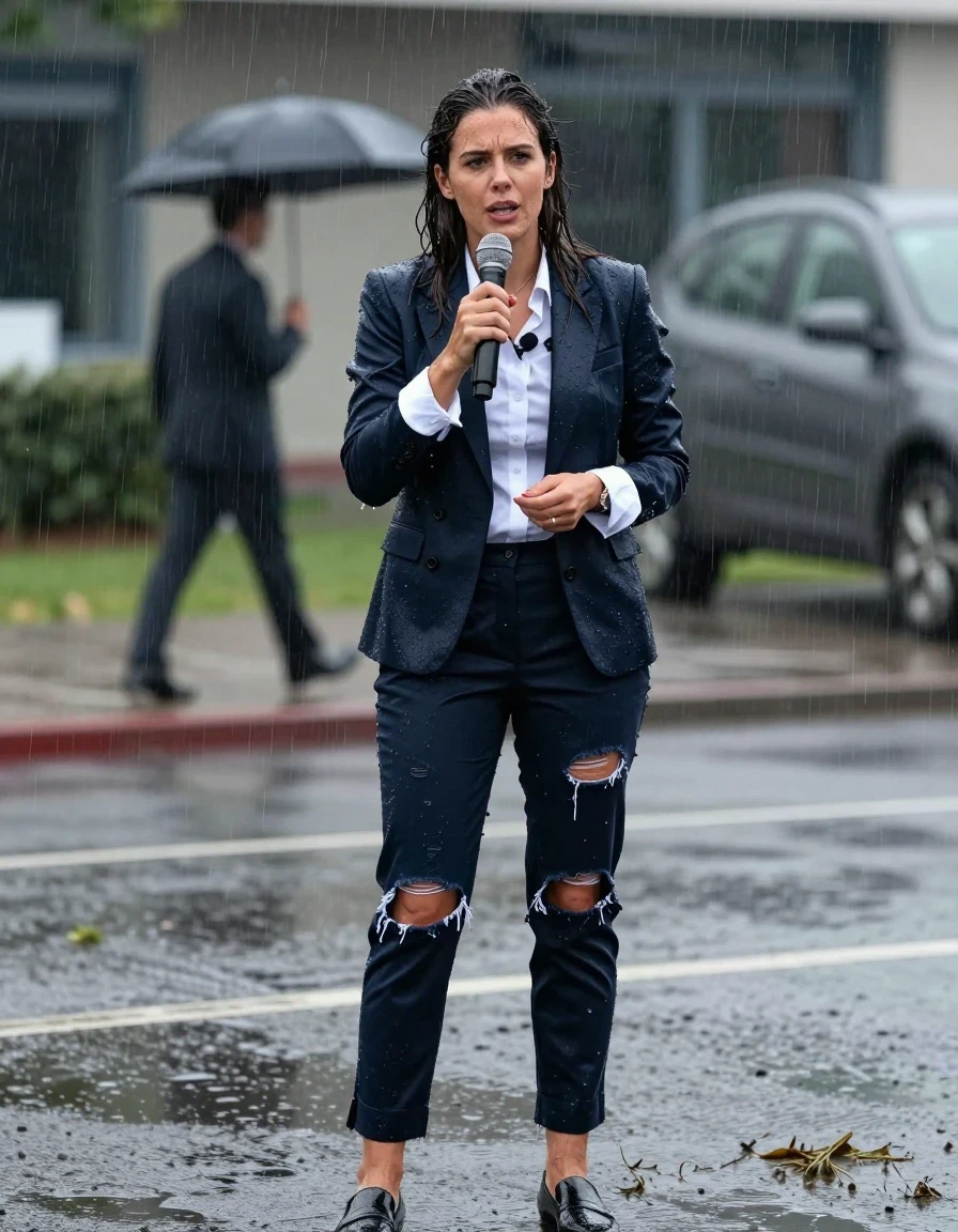 photo of young woman, in soaking wet, drenched clothes,
Shoes, Ripped office trousers , Ripped office shirt and ripped jacket, Newsreporter under heavy rain and mud, 
enjoying, wet clothes stuck to body,
detailed textures of the wet clothes, wet face, wet plastered hair,
wet, drenched, professional, high-quality details, full body view.
sharp focus, ultra-high pixel detail, realistic, high-quality, full colors, incredibly detailed, 4k, 8k, 16k, hyper-realistic, RAW photo, masterpiece, ultra-detailed, professionally color graded, professional photograph, Speaking, wet skin, wet clothes, damp fabric