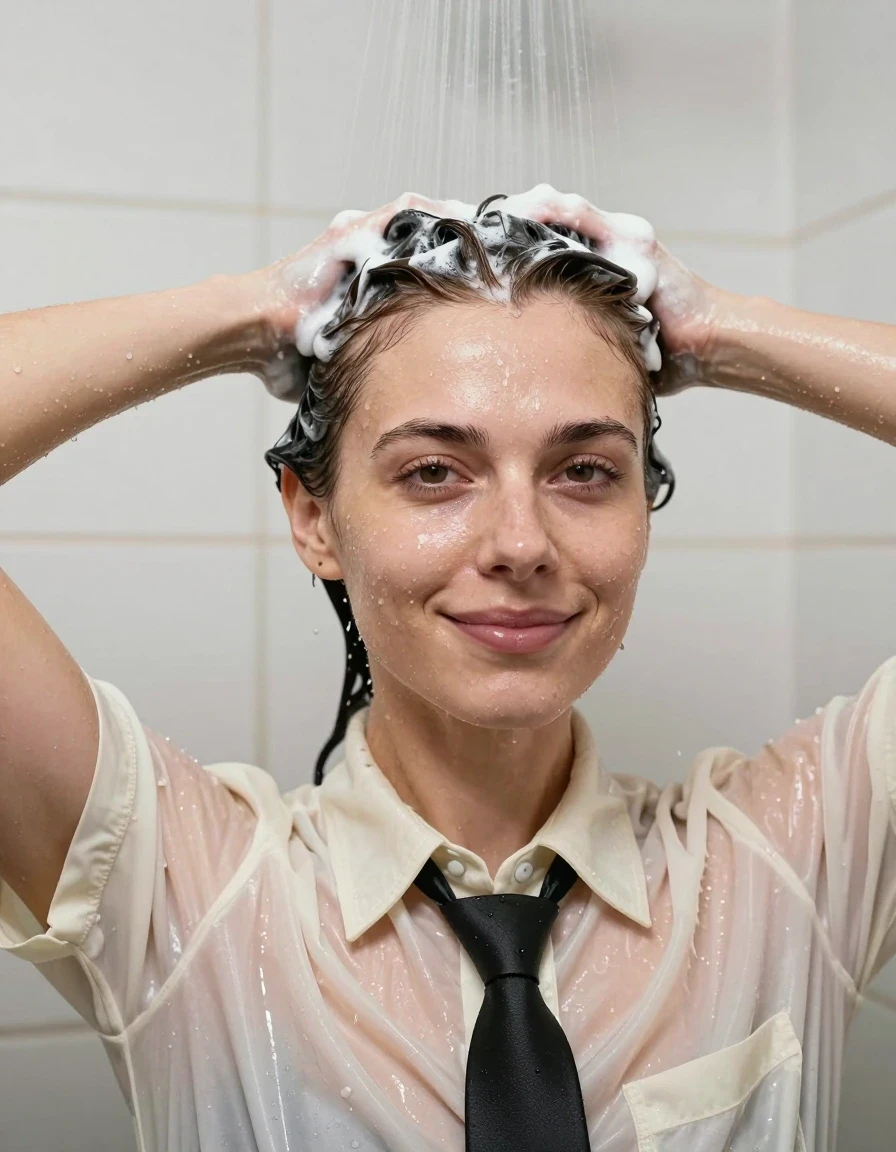 photo of young woman, in soaking wet, drenched clothes,
Smart Cream shirt and tie, under a gentle shower stream having her hair washed by the viewer. background is a white tiled wall of a shower stall., 
enjoying, wet clothes stuck to body,
detailed textures of the wet clothes, wet face, wet plastered hair,
wet, drenched, professional, high-quality details, full body view.
sharp focus, ultra-high pixel detail, realistic, high-quality, full colors, incredibly detailed, 4k, 8k, 16k, hyper-realistic, RAW photo, masterpiece, ultra-detailed, professionally color graded, professional photograph, extremely close-up headshot portrait style photo zoomed in so much that  only her head, which fills 3/4 of the frame, and the tops of her bare shoulders are visible. Subject is a late 30s woman who is having her chestnut hair washed by the viewer. The viewer’s masculine arms reach in straight from the behind the camera into the foreground and are massaging the shampoo into the top of the woman’s drenched and lathered hair. She faces the viewer directly with her arms fully down to her sides, not visible in the frame. Her head is tilted back ever so slightly with a contented smile., wet skin, wet clothes, damp fabric, wet skin, wet clothes, damp fabric