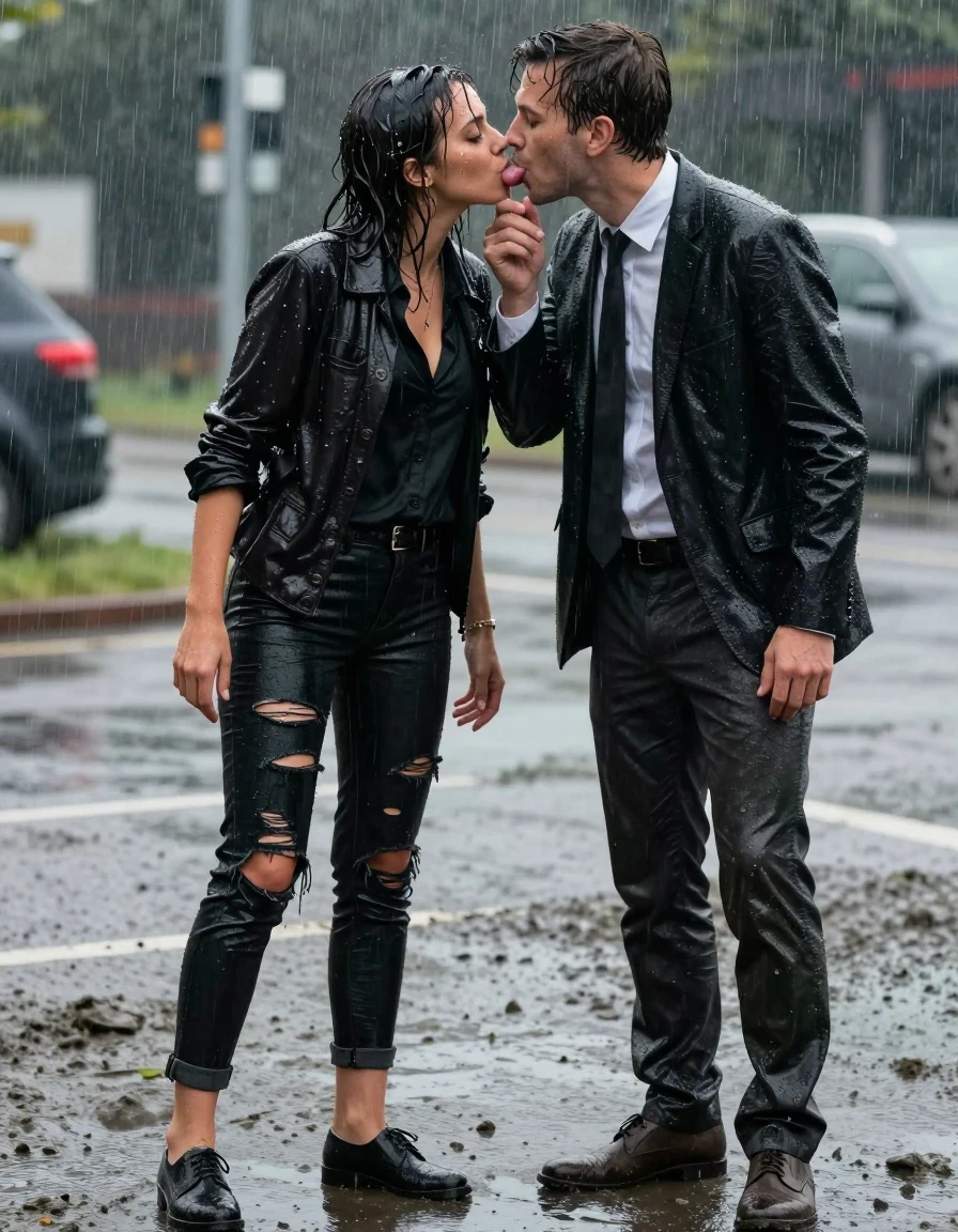 photo of young woman, in soaking wet, drenched clothes,
Shoes, Ripped office trousers , Ripped unbuttoned office black shirt and ripped jacket, Newsreporter under heavy rain and mud, 
enjoying, wet clothes stuck to body,
detailed textures of the wet clothes, wet face, wet plastered hair,
wet, drenched, professional, high-quality details, full body view.
sharp focus, ultra-high pixel detail, realistic, high-quality, full colors, incredibly detailed, 4k, 8k, 16k, hyper-realistic, RAW photo, masterpiece, ultra-detailed, professionally color graded, professional photograph, Kissing guys with tongue, wet skin, wet clothes, damp fabric