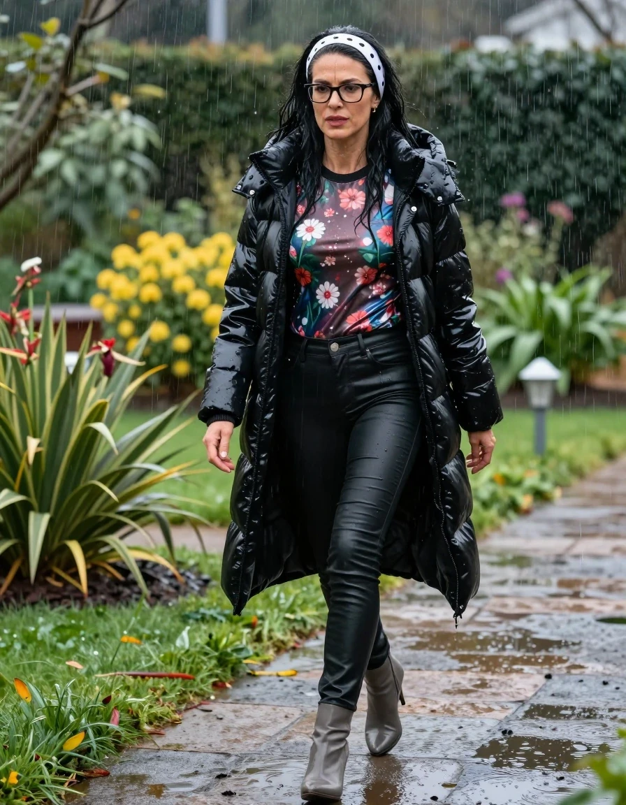 photo of young woman, in soaking wet, drenched clothes,
high-heeled gray boots , Tight long black leather jeans ,  shiny floral  tight sweater with long sleeves, maxi black shiny down jacket , Walking  in Garden under hard rain, 
enjoying, wet clothes stuck to body,
detailed textures of the wet clothes, wet face, wet plastered hair,
wet, drenched, professional, high-quality details, full body view.
sharp focus, ultra-high pixel detail, realistic, high-quality, full colors, incredibly detailed, 4k, 8k, 16k, hyper-realistic, RAW photo, masterpiece, ultra-detailed, professionally color graded, professional photograph, european brunette skinny woman 50 years old, long dark black hair, office glasses, white headband wth black polka dots, very big and thick lips, complete body, wet skin, wet clothes, damp fabric, wet skin, wet clothes, damp fabric, wet skin, wet clothes, damp fabric, wet skin, wet clothes, damp fabric, wet skin, wet clothes, damp fabric, wet skin, wet clothes, damp fabric, wet skin, wet clothes, damp fabric, wet skin, wet clothes, damp fabric, wet skin, wet clothes, damp fabric