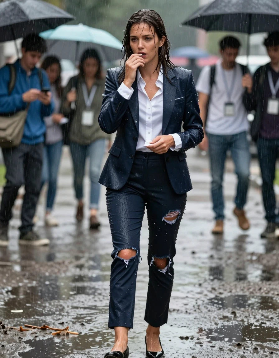 photo of young woman, in soaking wet, drenched clothes,
Shoes, Ripped office trousers , Ripped unbuttoned office shirt and ripped jacket, Newsreporter under heavy rain and mud, 
enjoying, wet clothes stuck to body,
detailed textures of the wet clothes, wet face, wet plastered hair,
wet, drenched, professional, high-quality details, full body view.
sharp focus, ultra-high pixel detail, realistic, high-quality, full colors, incredibly detailed, 4k, 8k, 16k, hyper-realistic, RAW photo, masterpiece, ultra-detailed, professionally color graded, professional photograph, Kissing teenagers, wet skin, wet clothes, damp fabric