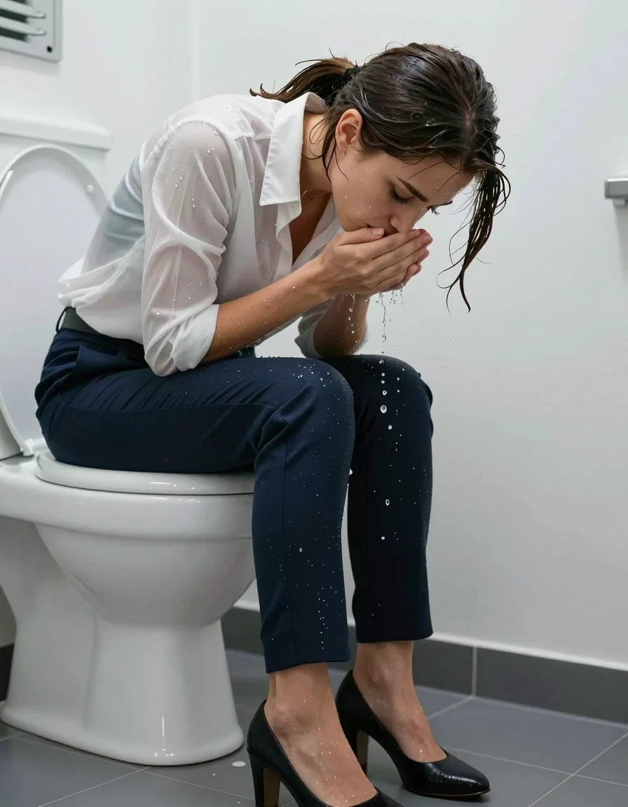 photo of young woman, in soaking wet, drenched clothes,
Shoes, Office trousers, Office shirt, Peeing in toilet, 
enjoying, wet clothes stuck to body,
detailed textures of the wet clothes, wet face, wet plastered hair,
wet, drenched, professional, high-quality details, full body view.
sharp focus, ultra-high pixel detail, realistic, high-quality, full colors, incredibly detailed, 4k, 8k, 16k, hyper-realistic, RAW photo, masterpiece, ultra-detailed, professionally color graded, professional photograph, Kissing people, wet skin, wet clothes, damp fabric