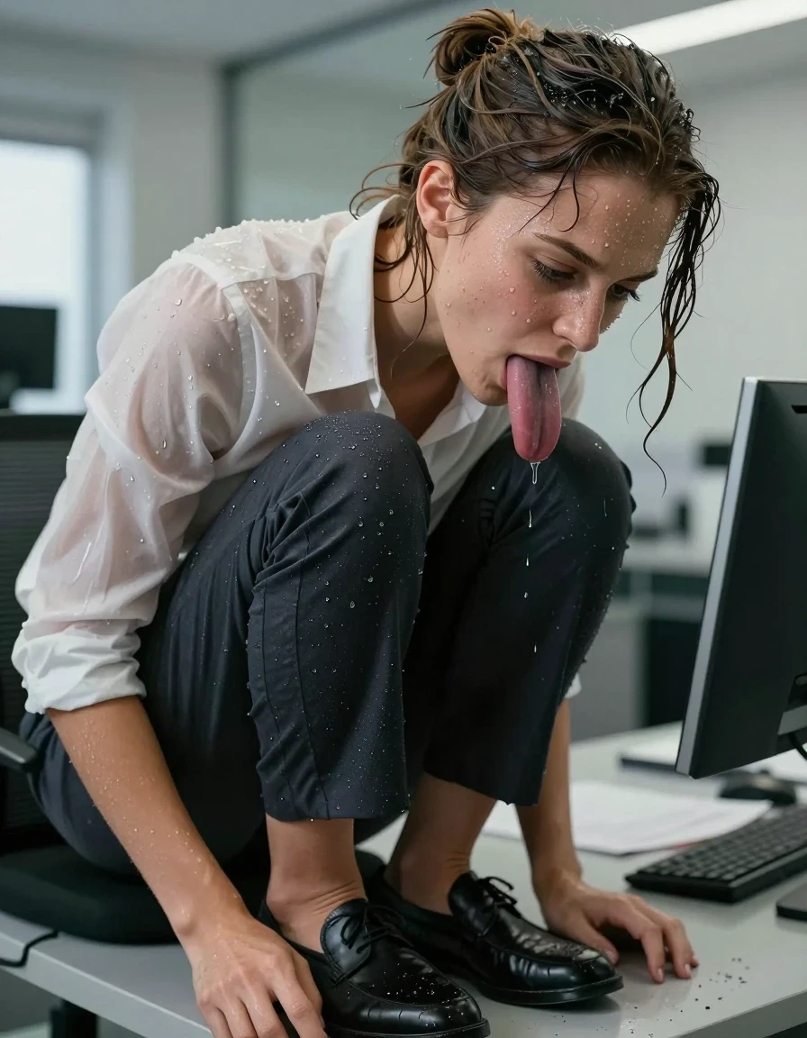 photo of young woman, in soaking wet, drenched clothes,
Shoes, Office trousers, Office shirt, Office, 
enjoying, wet clothes stuck to body,
detailed textures of the wet clothes, wet face, wet plastered hair,
wet, drenched, professional, high-quality details, full body view.
sharp focus, ultra-high pixel detail, realistic, high-quality, full colors, incredibly detailed, 4k, 8k, 16k, hyper-realistic, RAW photo, masterpiece, ultra-detailed, professionally color graded, professional photograph, Licking a dick, wet skin, wet clothes, damp fabric