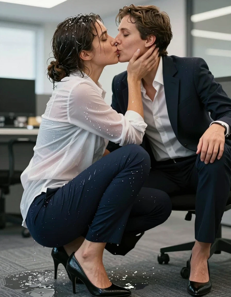 photo of young woman, in soaking wet, drenched clothes,
Shoes, Office trousers, Office shirt and jacket, Party in office , 
enjoying, wet clothes stuck to body,
detailed textures of the wet clothes, wet face, wet plastered hair,
wet, drenched, professional, high-quality details, full body view.
sharp focus, ultra-high pixel detail, realistic, high-quality, full colors, incredibly detailed, 4k, 8k, 16k, hyper-realistic, RAW photo, masterpiece, ultra-detailed, professionally color graded, professional photograph, Kissing one colleague, wet skin, wet clothes, damp fabric