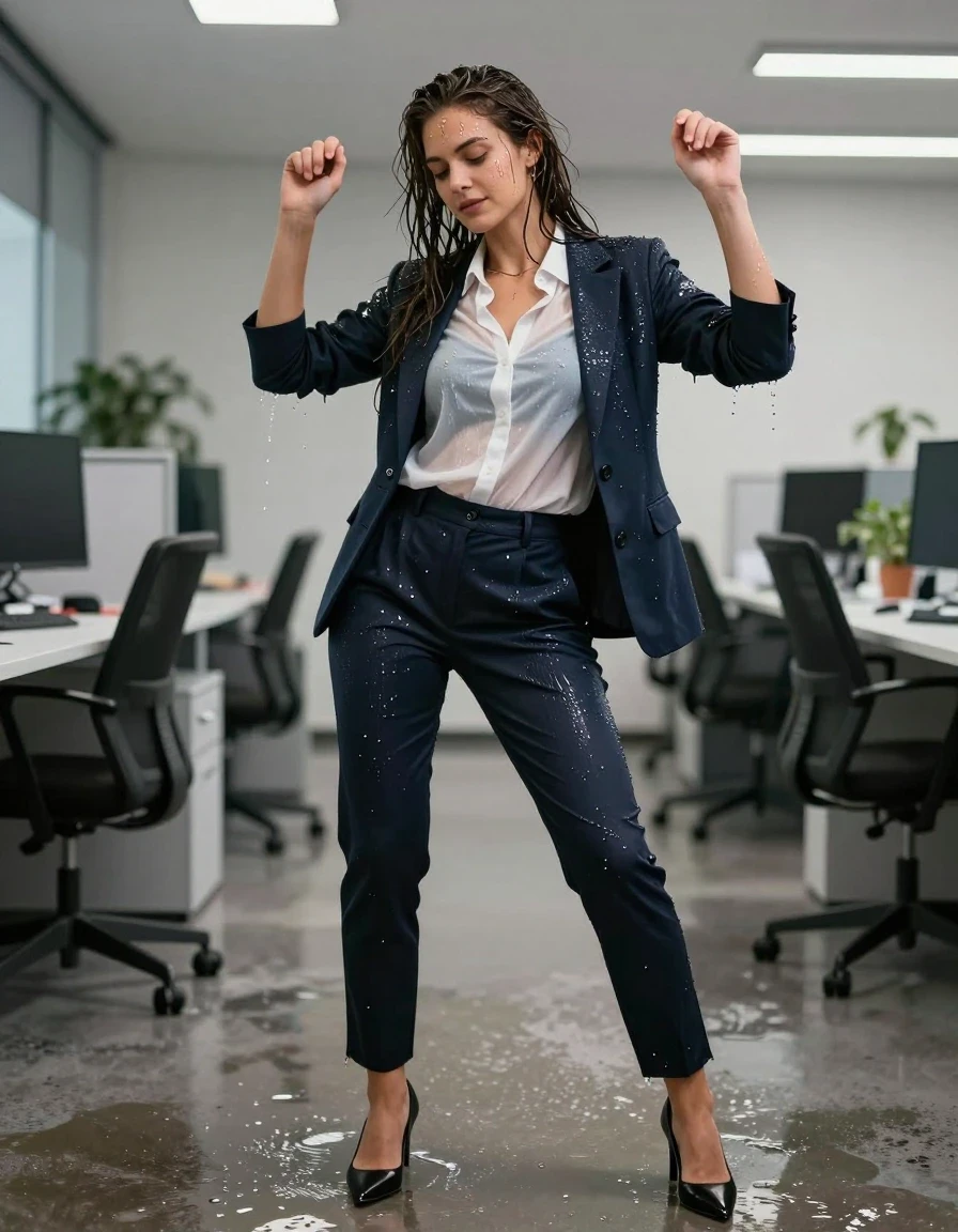 photo of young woman, in soaking wet, drenched clothes,
Shoes, Office trousers, Office shirt and sweater, Party in office , 
enjoying, wet clothes stuck to body,
detailed textures of the wet clothes, wet face, wet plastered hair,
wet, drenched, professional, high-quality details, full body view.
sharp focus, ultra-high pixel detail, realistic, high-quality, full colors, incredibly detailed, 4k, 8k, 16k, hyper-realistic, RAW photo, masterpiece, ultra-detailed, professionally color graded, professional photograph, Dancing and smiling, wet skin, wet clothes, damp fabric
