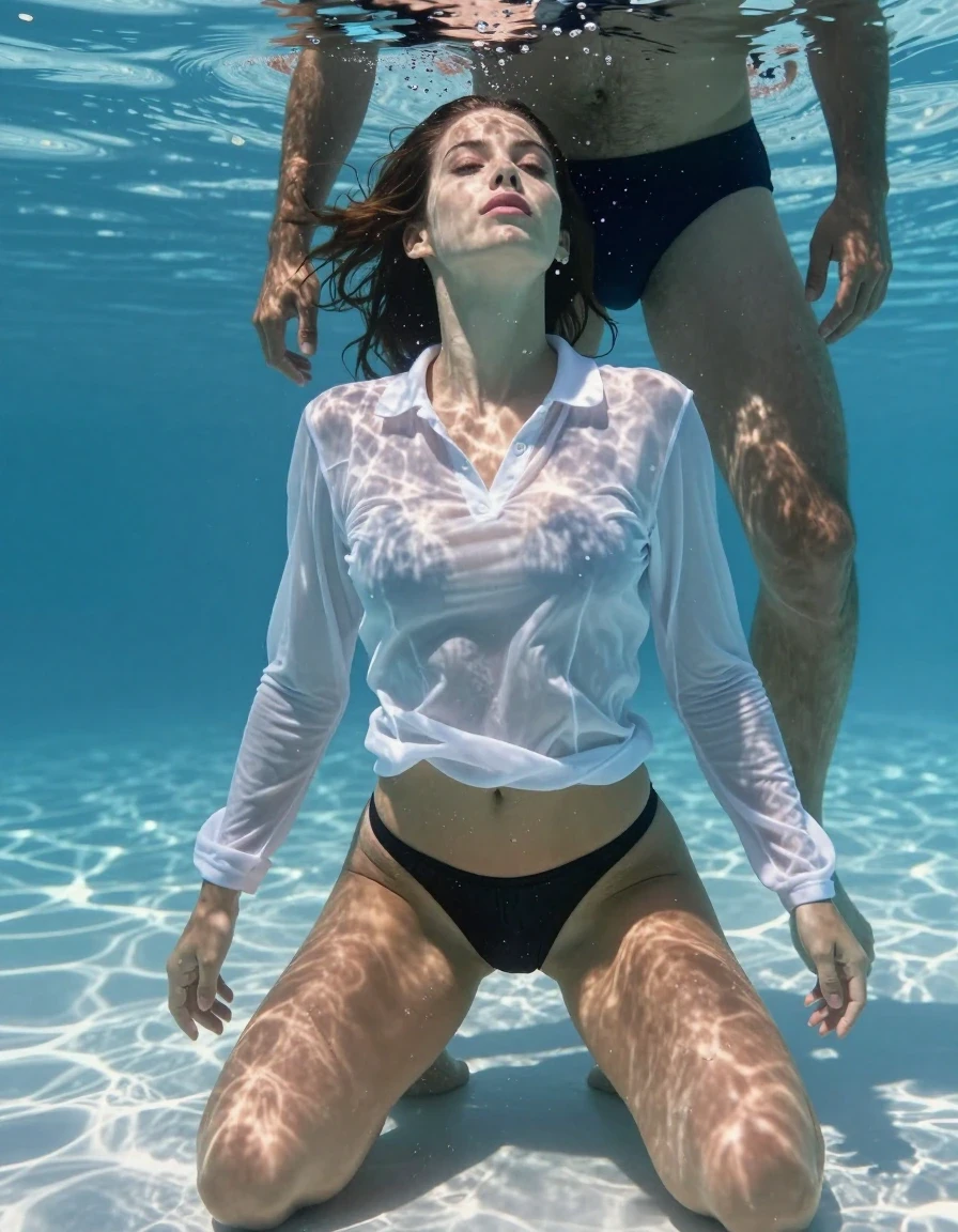 Photorealistic underwater shot, a young adult European woman with wet hair kneeling completely submerged in a clear pool. She is wearing a soaking-wet, white, sheer, loose-fitting polo shirt that clings to her body due to water saturation, and a black, wet, glossy lycra thong. The fabric of the polo shirt is translucent and heavy with water. Directly in front of her face is the lower torso of a man wearing swimming trunks; his upper body is visible above the water surface. The woman is looking up at the man's crotch area with a lascivious, erotic, sexy, and seductive expression. Underwater lighting creates caustic patterns on their skin and clothing. Highly detailed wet skin texture, water sheen, sharp focus on the interaction, cinematic underwater composition, 8k resolution, photorealistic.