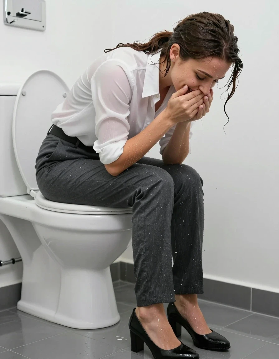 photo of young woman, in soaking wet, drenched clothes,
Shoes, Office trousers, Office shirt, Peeing in toilet, 
enjoying, wet clothes stuck to body,
detailed textures of the wet clothes, wet face, wet plastered hair,
wet, drenched, professional, high-quality details, full body view.
sharp focus, ultra-high pixel detail, realistic, high-quality, full colors, incredibly detailed, 4k, 8k, 16k, hyper-realistic, RAW photo, masterpiece, ultra-detailed, professionally color graded, professional photograph, Smiling, wet skin, wet clothes, damp fabric