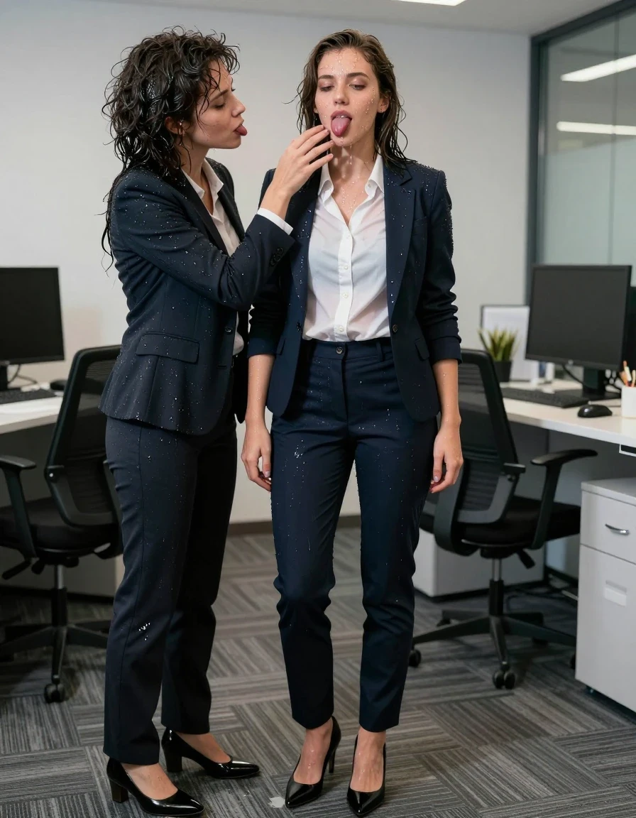 photo of young woman, in soaking wet, drenched clothes,
Shoes, Office trousers, Office shirt and jacket, Party in office , 
enjoying, wet clothes stuck to body,
detailed textures of the wet clothes, wet face, wet plastered hair,
wet, drenched, professional, high-quality details, full body view.
sharp focus, ultra-high pixel detail, realistic, high-quality, full colors, incredibly detailed, 4k, 8k, 16k, hyper-realistic, RAW photo, masterpiece, ultra-detailed, professionally color graded, professional photograph, Kissing one colleague with tongue, wet skin, wet clothes, damp fabric