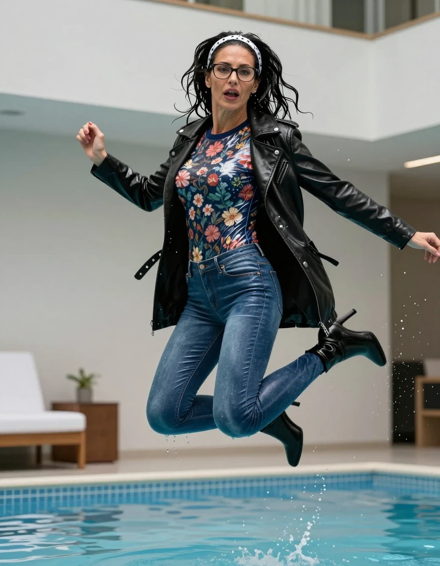 photo of young woman, in soaking wet, drenched clothes,
high-heeled  boots , Tight long blue shiny leather jeans ,  shiny floral  tight sweater with long sleeves, maxi black shiny leather jacket , Jumping after Bath in indoor pool, 
enjoying, wet clothes stuck to body,
detailed textures of the wet clothes, wet face, wet plastered hair,
wet, drenched, professional, high-quality details, full body view.
sharp focus, ultra-high pixel detail, realistic, high-quality, full colors, incredibly detailed, 4k, 8k, 16k, hyper-realistic, RAW photo, masterpiece, ultra-detailed, professionally color graded, professional photograph, european brunette skinny woman 50 years old, long dark black hair, office glasses, white headband wth black polka dots, very big and thick lips, complete body, wet skin, wet clothes, damp fabric, wet skin, wet clothes, damp fabric, wet skin, wet clothes, damp fabric, wet skin, wet clothes, damp fabric, wet skin, wet clothes, damp fabric, wet skin, wet clothes, damp fabric, wet skin, wet clothes, damp fabric, wet skin, wet clothes, damp fabric, wet skin, wet clothes, damp fabric