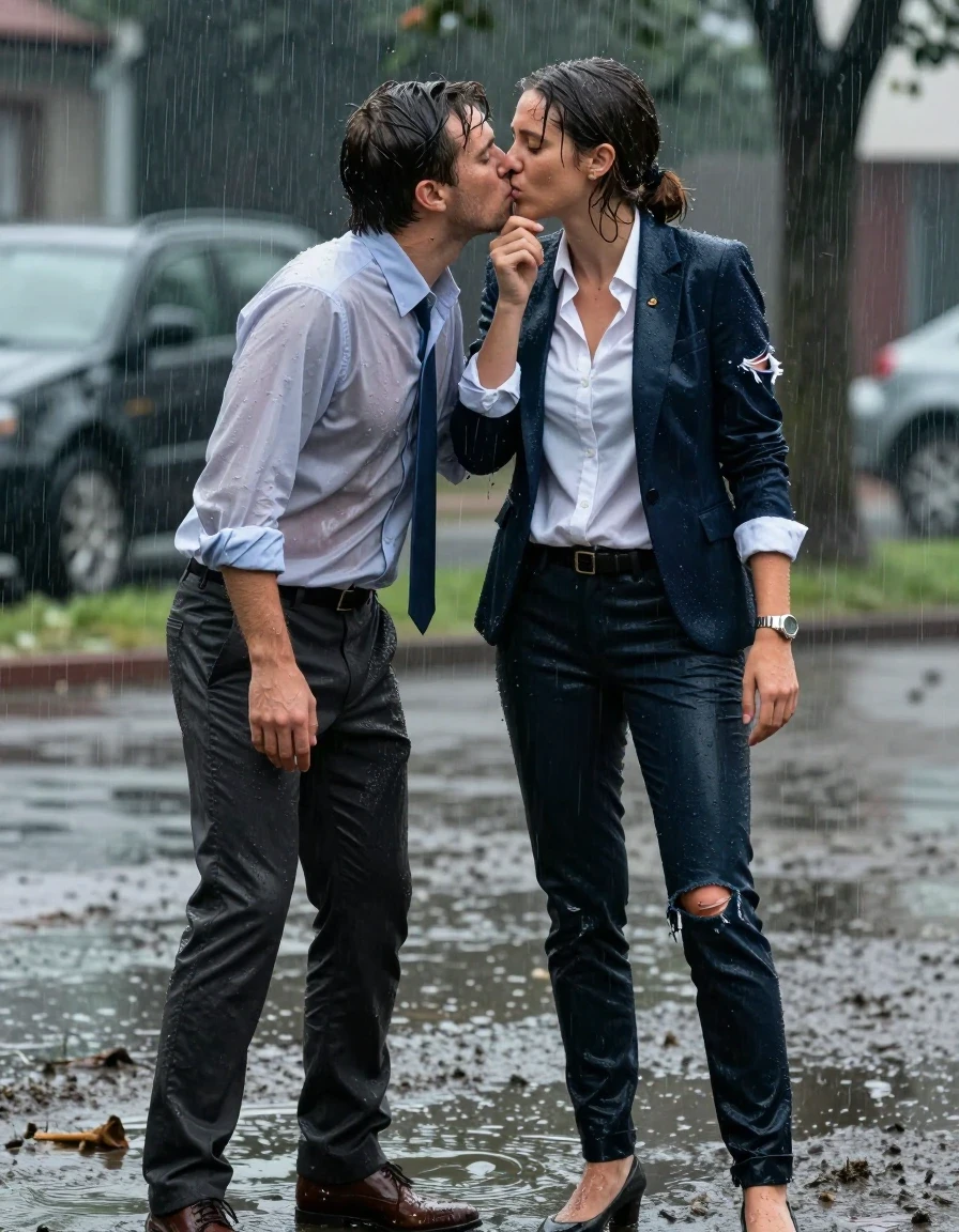 photo of young woman, in soaking wet, drenched clothes,
Shoes, Ripped office trousers , Ripped unbuttoned office shirt and ripped jacket, Newsreporter under heavy rain and mud, 
enjoying, wet clothes stuck to body,
detailed textures of the wet clothes, wet face, wet plastered hair,
wet, drenched, professional, high-quality details, full body view.
sharp focus, ultra-high pixel detail, realistic, high-quality, full colors, incredibly detailed, 4k, 8k, 16k, hyper-realistic, RAW photo, masterpiece, ultra-detailed, professionally color graded, professional photograph, Kissing man, wet skin, wet clothes, damp fabric