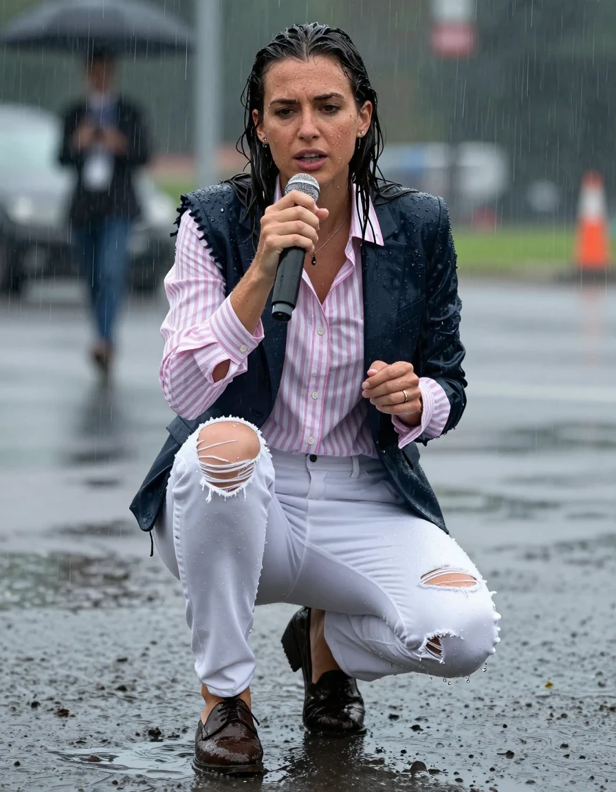 photo of young woman, in soaking wet, drenched clothes,
Shoes, Ripped office white trousers , Ripped unbuttoned office striped pink and white shirt and ripped jacket, Newsreporter under heavy rain and mud, 
enjoying, wet clothes stuck to body,
detailed textures of the wet clothes, wet face, wet plastered hair,
wet, drenched, professional, high-quality details, full body view.
sharp focus, ultra-high pixel detail, realistic, high-quality, full colors, incredibly detailed, 4k, 8k, 16k, hyper-realistic, RAW photo, masterpiece, ultra-detailed, professionally color graded, professional photograph, Speaking, wet skin, wet clothes, damp fabric