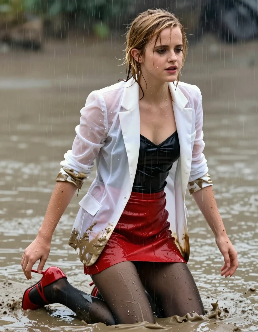 photo of young woman, in soaking wet, drenched clothes,
Red satin strappy stilettos , black stockings, red miniskirt, Black silk camisole, muddy white see-through blazer, Swimming in muddy pool, heavy rain, 
enjoying, wet clothes stuck to body,
detailed textures of the wet clothes, wet face, wet plastered hair,
wet, drenched, professional, high-quality details, full body view.
sharp focus, ultra-high pixel detail, realistic, high-quality, full colors, incredibly detailed, 4k, 8k, 16k, hyper-realistic, RAW photo, masterpiece, ultra-detailed, professionally color graded, professional photograph, Blonde, Emma Watson, all clothes covered in mud, wet skin, wet clothes, damp fabric, wet skin, wet clothes, damp fabric
