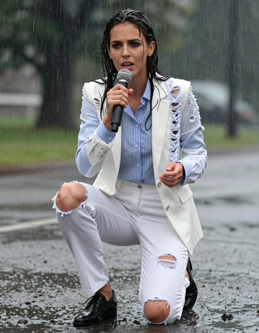 photo of young woman, in soaking wet, drenched clothes,
Shoes, Ripped office white trousers , Ripped office striped blue and white shirt and ripped jacket, Newsreporter under heavy rain and mud, 
enjoying, wet clothes stuck to body,
detailed textures of the wet clothes, wet face, wet plastered hair,
wet, drenched, professional, high-quality details, full body view.
sharp focus, ultra-high pixel detail, realistic, high-quality, full colors, incredibly detailed, 4k, 8k, 16k, hyper-realistic, RAW photo, masterpiece, ultra-detailed, professionally color graded, professional photograph, Speaking, wet skin, wet clothes, damp fabric