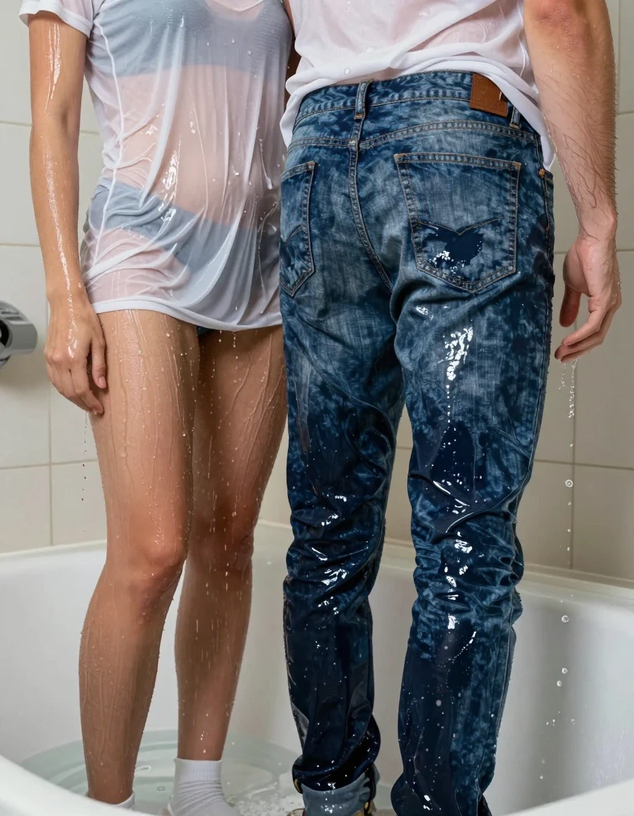 A photorealistic cinematic shot inside a tiled bathtub, capturing a young adult European man wearing underwear and a young adult European woman fully clothed in a white t-shirt, jeans, and socks, standing together under a running shower. The woman's white t-shirt is completely translucent and clinging to her skin, darkened and heavy with water. Her soaking-wet blue denim jeans are water-saturated heavyweight denim, the blue changed to deep navy and indigo with substantially darker unevenly soaked patches, absorbed water, heavy wet folds, visible weave and stitching, and strong glossy specular reflections on the raised weave, seams, and creases. The man is soaked, his hair dripping, skin glistening with water sheen. Both are drenched, with water cascading over them, creating a glossy, high-contrast wet look. The scene is shot with soft, overhead bathroom lighting reflecting off the wet surfaces, capturing the texture of the clinging fabrics and the realistic weight of the soaked clothing, sharp focus, 8k resolution, highly detailed skin texture, and realistic water droplets.