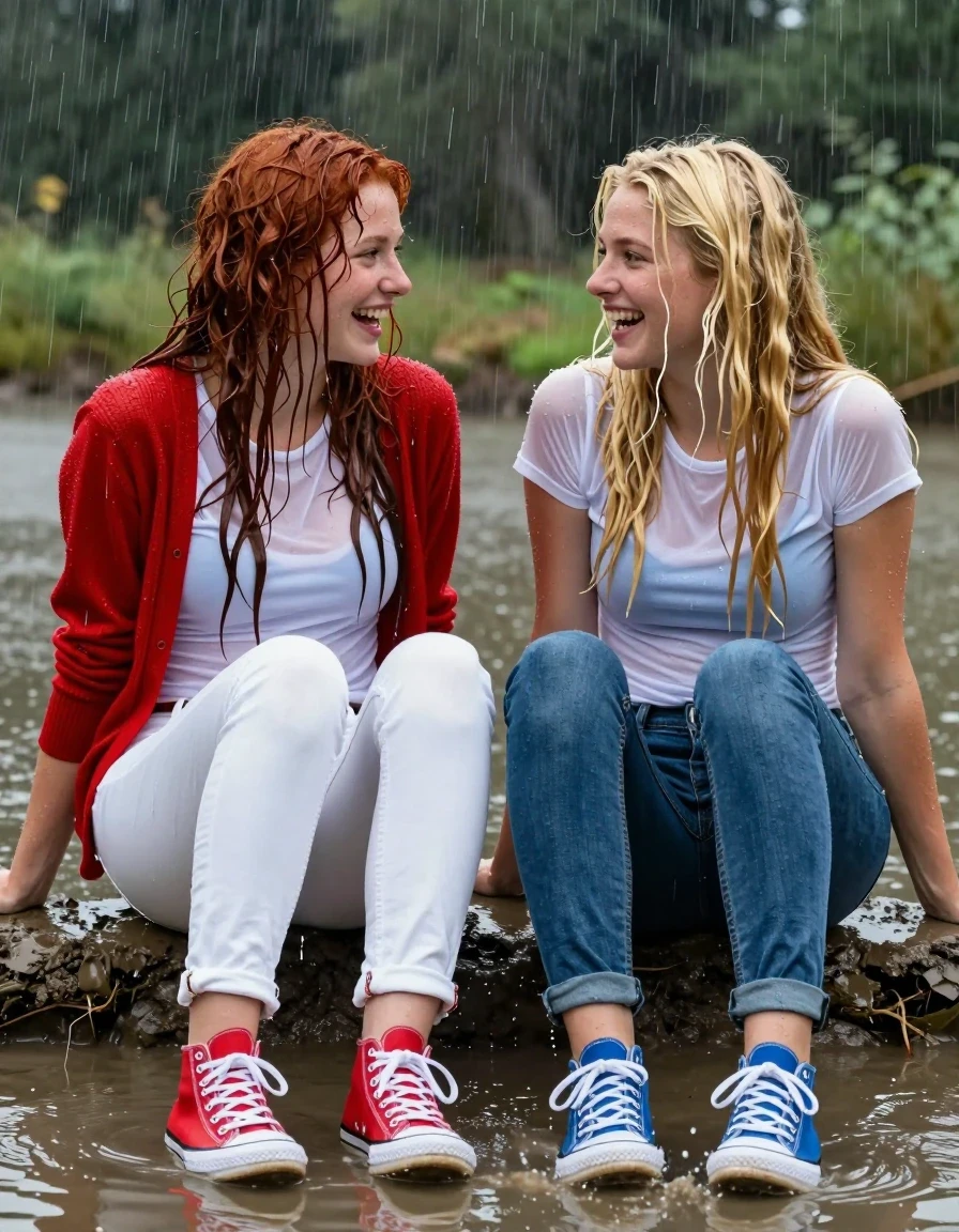 photo of young woman, in soaking wet, drenched clothes,
sneakers and white socks, very wet skintight jeans shiny with water glistening off of them, loose unbuttoned very wet and clingy red sweaters with very tight wet see through white tee shirts , muddy water in a pond in the woods in the pouring rain on a cloudy day, 
enjoying, wet clothes stuck to body,
detailed textures of the wet clothes, wet face, wet plastered hair,
wet, drenched, professional, high-quality details, full body view.
sharp focus, ultra-high pixel detail, realistic, high-quality, full colors, incredibly detailed, 4k, 8k, 16k, hyper-realistic, RAW photo, masterpiece, ultra-detailed, professionally color graded, professional photograph, two college teens are sitting next to each other  in a muddy pond The water is up to their thighs,  splashing water on each other. They are soaking wet. They talking and laughing. One girl has long wet tangled red hair, red sneakers, white denim jeans, wet skin tight white teen shirt and average breasts.  all fabric is wet. The other girl has long blonde wet tangled hair, blue sneakers, blue denim jeans, a light blue wet skin tight white tee shirt and large breasts. all fabric is wet.  Their hair, clothes and bodies are completely soaked from the water and skin tight. Water is dripping off of them  wet skin, wet clothes, damp fabric. they are not wearing a bra, wet skin, wet clothes, damp fabric, wet skin, wet clothes, damp fabric