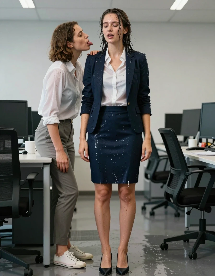 photo of young woman, in soaking wet, drenched clothes,
Shoes, Office skirt, Office shirt and jacket, Party in office , 
enjoying, wet clothes stuck to body,
detailed textures of the wet clothes, wet face, wet plastered hair,
wet, drenched, professional, high-quality details, full body view.
sharp focus, ultra-high pixel detail, realistic, high-quality, full colors, incredibly detailed, 4k, 8k, 16k, hyper-realistic, RAW photo, masterpiece, ultra-detailed, professionally color graded, professional photograph, Kissing one colleague with tongue, wet skin, wet clothes, damp fabric