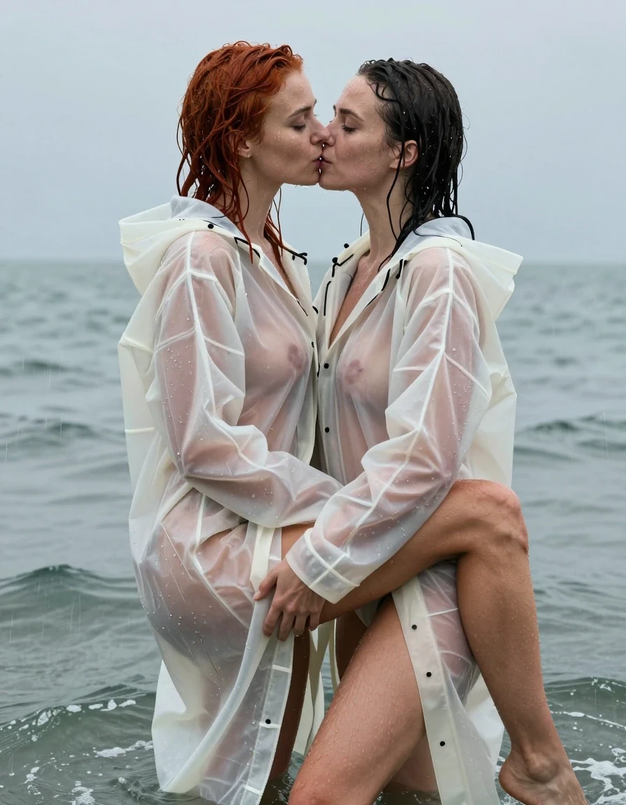 photo of young woman, in soaking wet, drenched clothes,
No underwear , Soaking wet oversized transparent latex white raincoat , In the sea under a shower , 
enjoying, wet clothes stuck to body,
detailed textures of the wet clothes, wet face, wet plastered hair,
wet, drenched, professional, high-quality details, full body view.
sharp focus, ultra-high pixel detail, realistic, high-quality, full colors, incredibly detailed, 4k, 8k, 16k, hyper-realistic, RAW photo, masterpiece, ultra-detailed, professionally color graded, professional photograph, A beautiful 20-year-old woman is wrapped her legs around her girlfriend's body in a romantic embrace.  Her red hair is soaking wet with water. Her rainjacket is soaking wet and clinging to her body. Her friend is nude, wet skin, wet clothes, damp fabric, wet skin, wet clothes, damp fabric