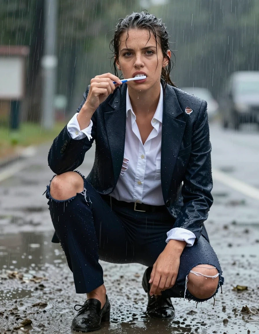 photo of young woman, in soaking wet, drenched clothes,
Shoes, Ripped office trousers , Ripped unbuttoned office shirt and ripped jacket, Newsreporter under heavy rain and mud, 
enjoying, wet clothes stuck to body,
detailed textures of the wet clothes, wet face, wet plastered hair,
wet, drenched, professional, high-quality details, full body view.
sharp focus, ultra-high pixel detail, realistic, high-quality, full colors, incredibly detailed, 4k, 8k, 16k, hyper-realistic, RAW photo, masterpiece, ultra-detailed, professionally color graded, professional photograph, Brushing teeth, wet skin, wet clothes, damp fabric