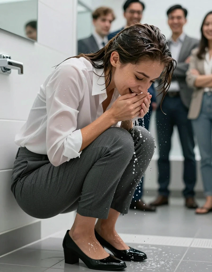 photo of young woman, in soaking wet, drenched clothes,
Shoes, Office trousers, Office shirt, Peeing in bathroom., 
enjoying, wet clothes stuck to body,
detailed textures of the wet clothes, wet face, wet plastered hair,
wet, drenched, professional, high-quality details, full body view.
sharp focus, ultra-high pixel detail, realistic, high-quality, full colors, incredibly detailed, 4k, 8k, 16k, hyper-realistic, RAW photo, masterpiece, ultra-detailed, professionally color graded, professional photograph, Smiling. People are watching., wet skin, wet clothes, damp fabric